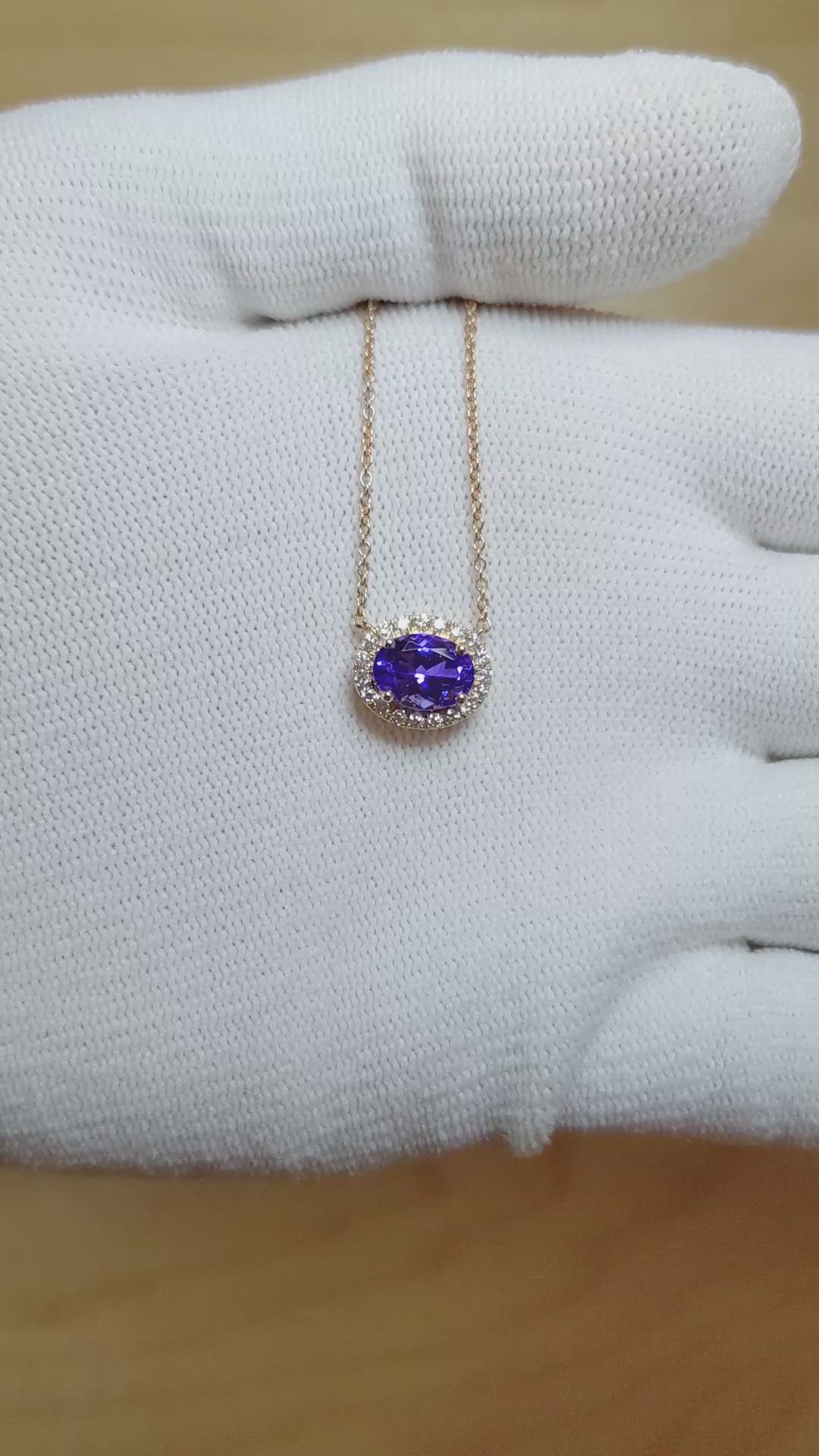 1.35 Ct. Violet Tanzanite and Natural Diamond Pave Necklace, 14K Rose Gold Size Video