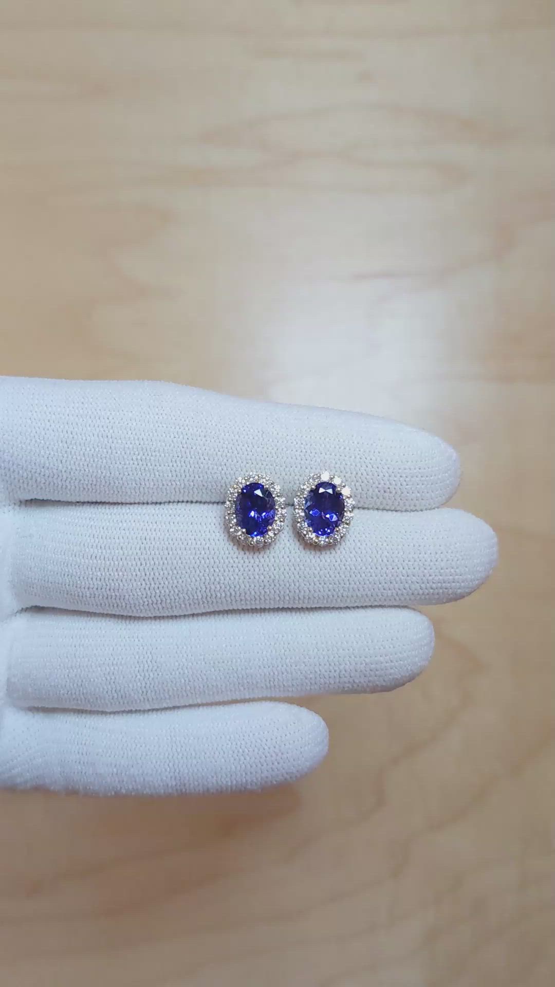 2.71 Ct.Tw.Total Carat Weight Violet Tanzanite and Natural Diamond Studs Earrings, 14K Yellow Gold Size Video