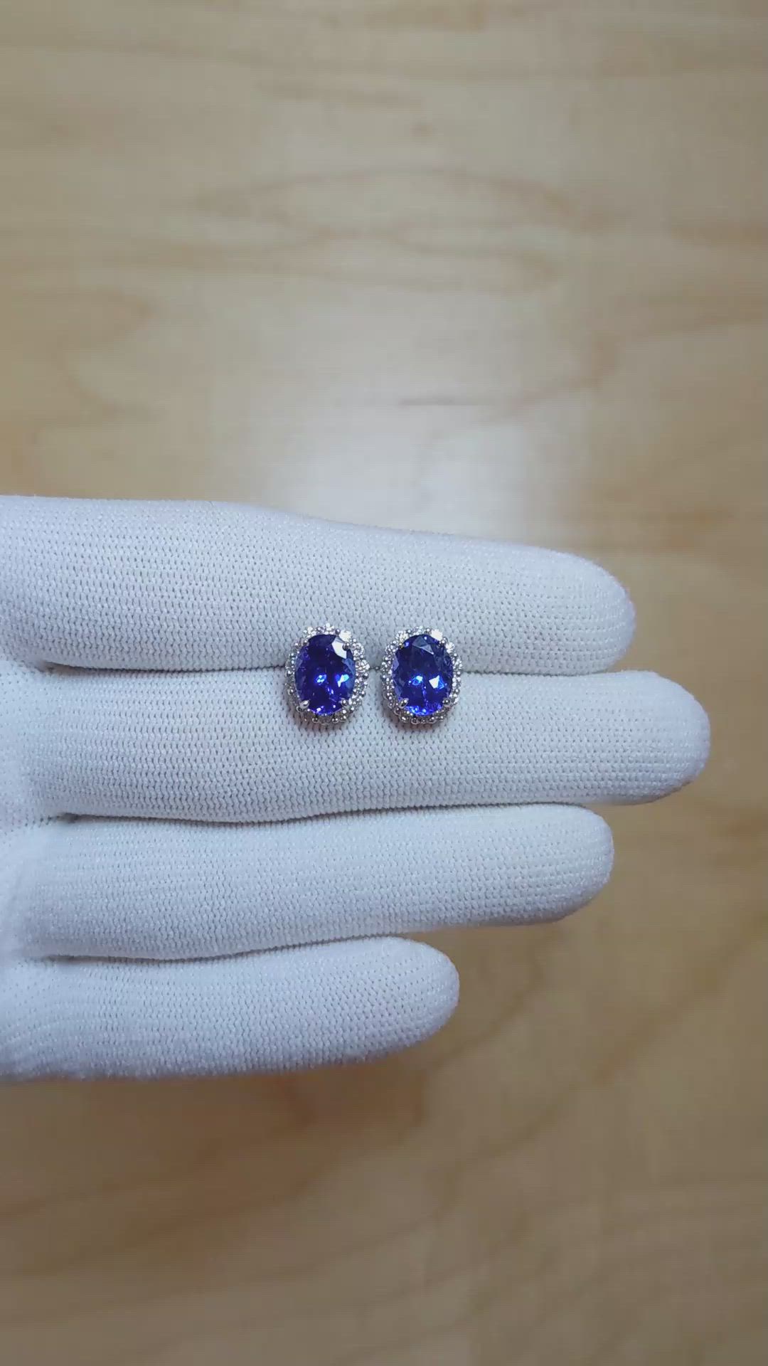 2.05 Ct.Tw.Total Carat Weight Violet Tanzanite and Natural Diamond Studs Earrings, 14K White Gold Size Video