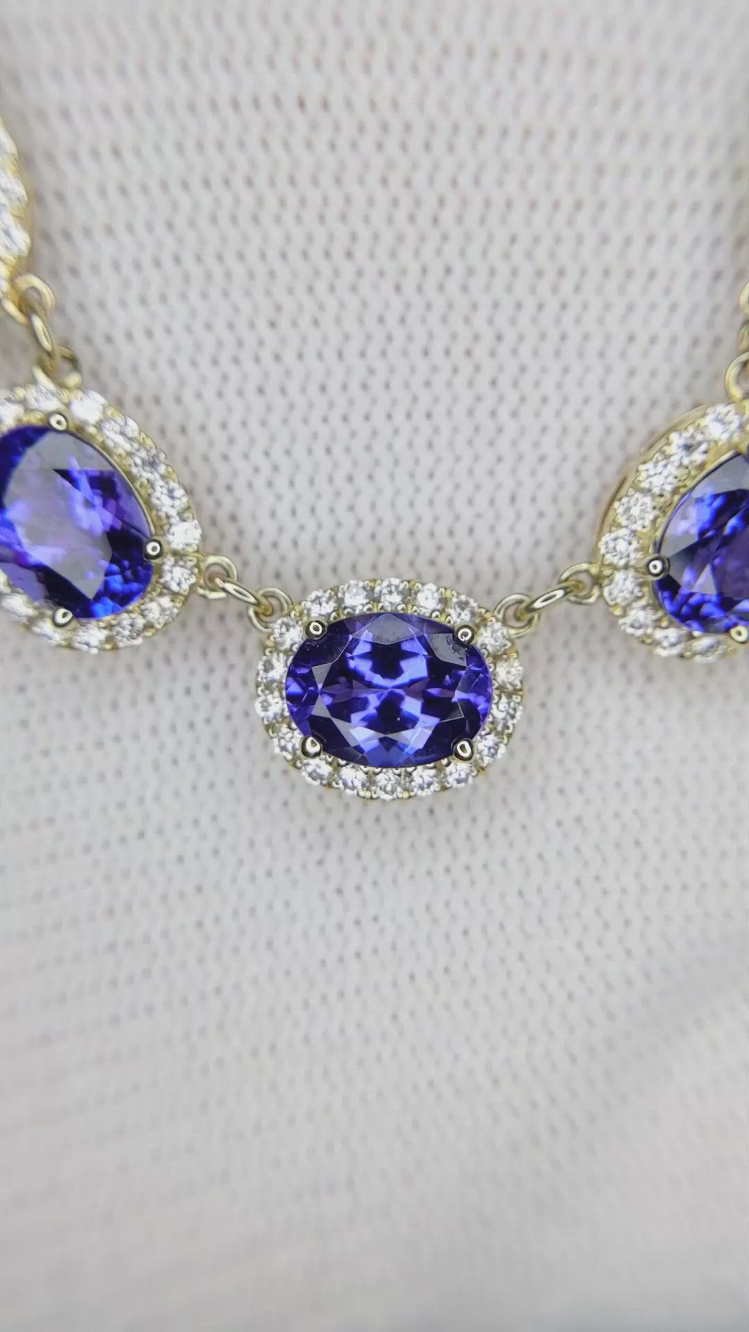 6.86 Ct. Violet Tanzanite and Natural Diamond Pave Necklace, 14K Yellow Gold Size Video