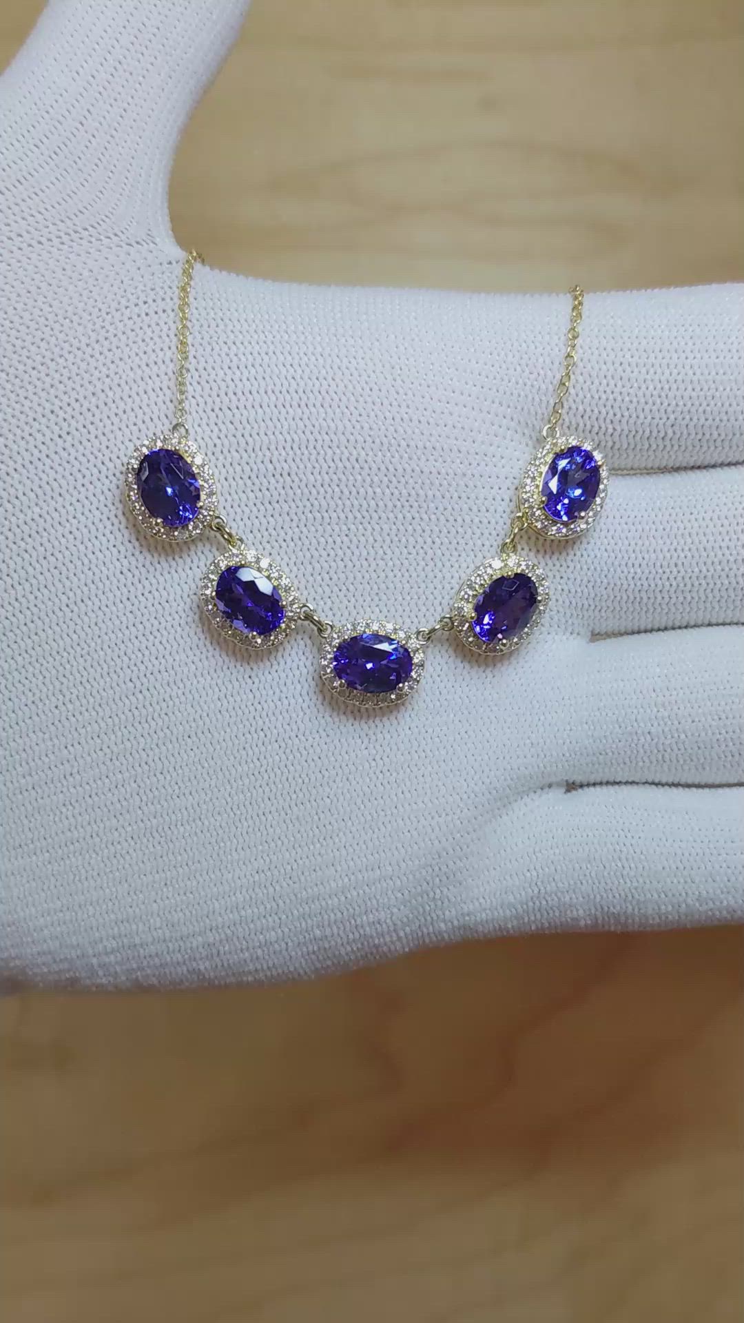 6.86 Ct. Violet Tanzanite and Natural Diamond Pave Necklace, 14K Yellow Gold Size Video