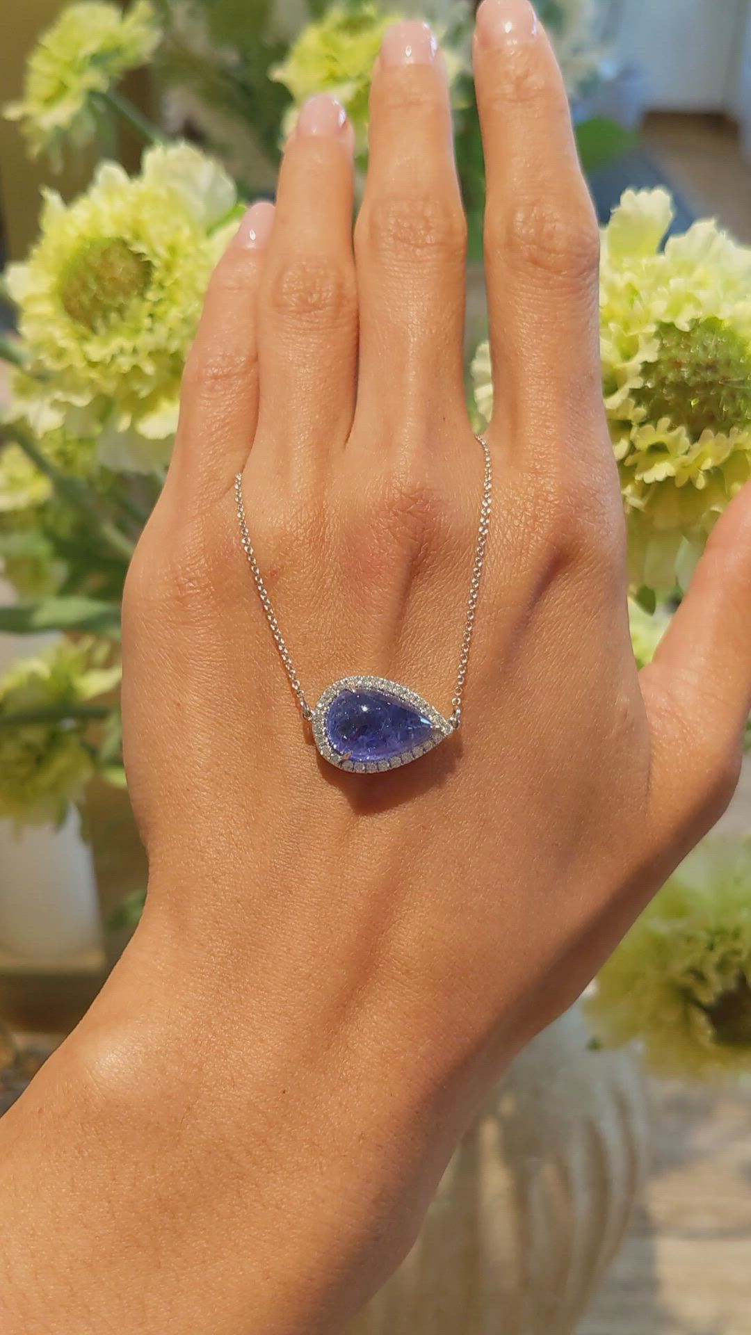 7.27 Ct. Violet Tanzanite and Natural Diamond Pave Necklace, 14K White Gold Size Video
