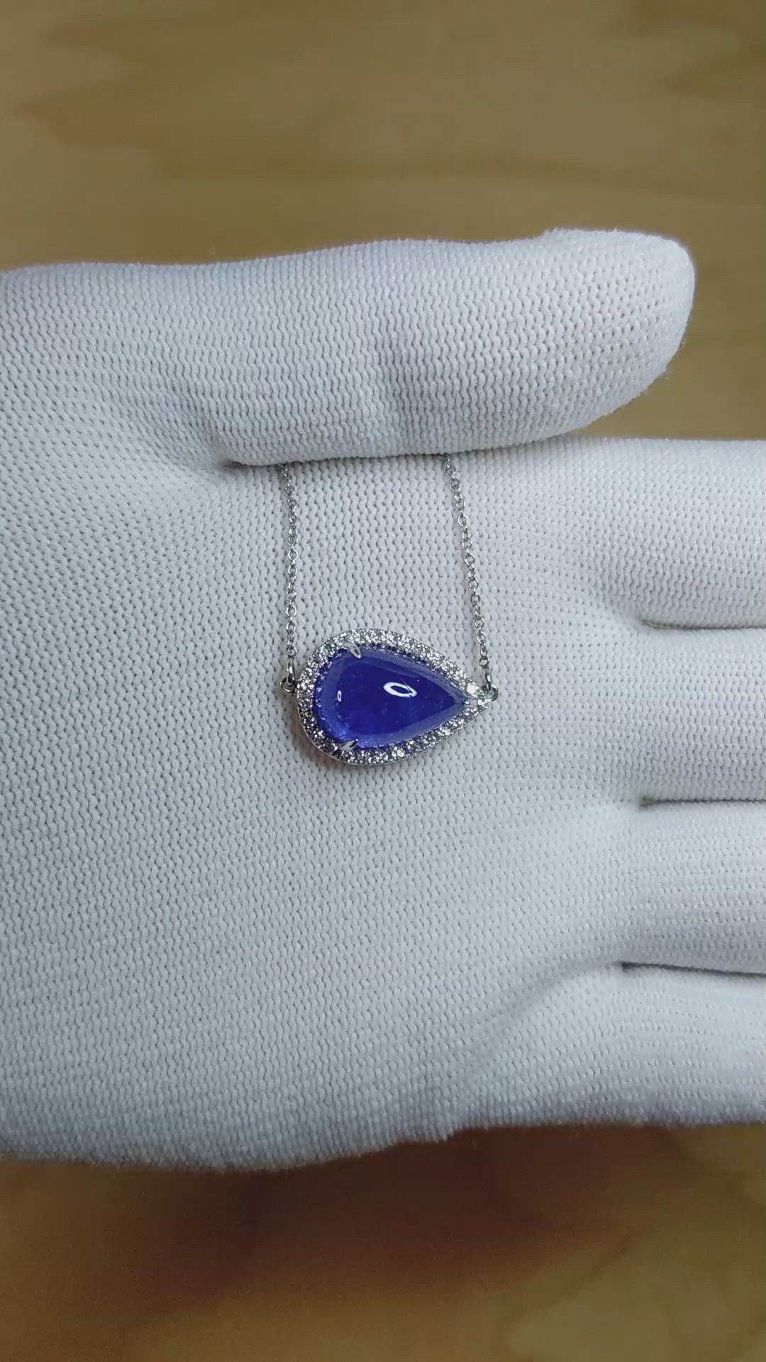 7.27 Ct. Violet Tanzanite and Natural Diamond Pave Necklace, 14K White Gold Size Video