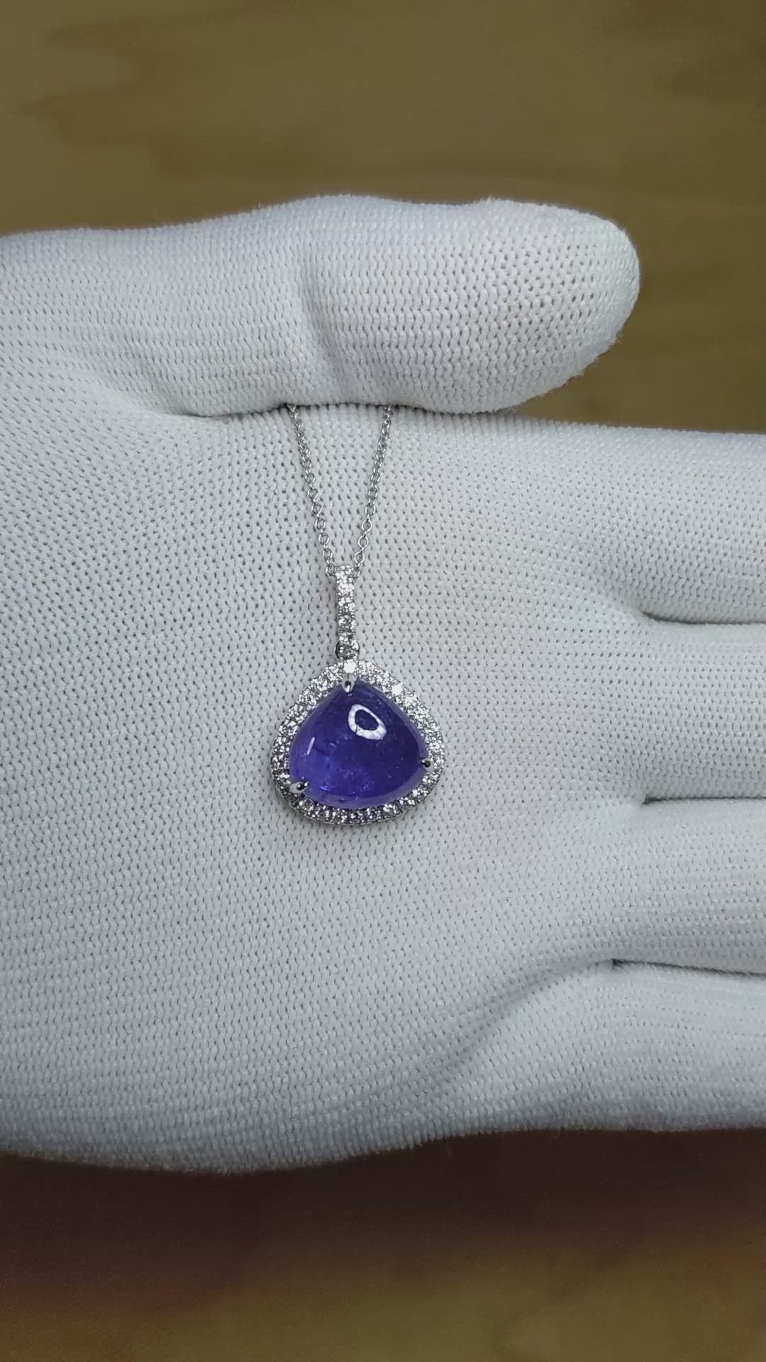 8.41 Ct. Violet Tanzanite and Natural Diamond Pave Pendant, 14K White Gold Size Video