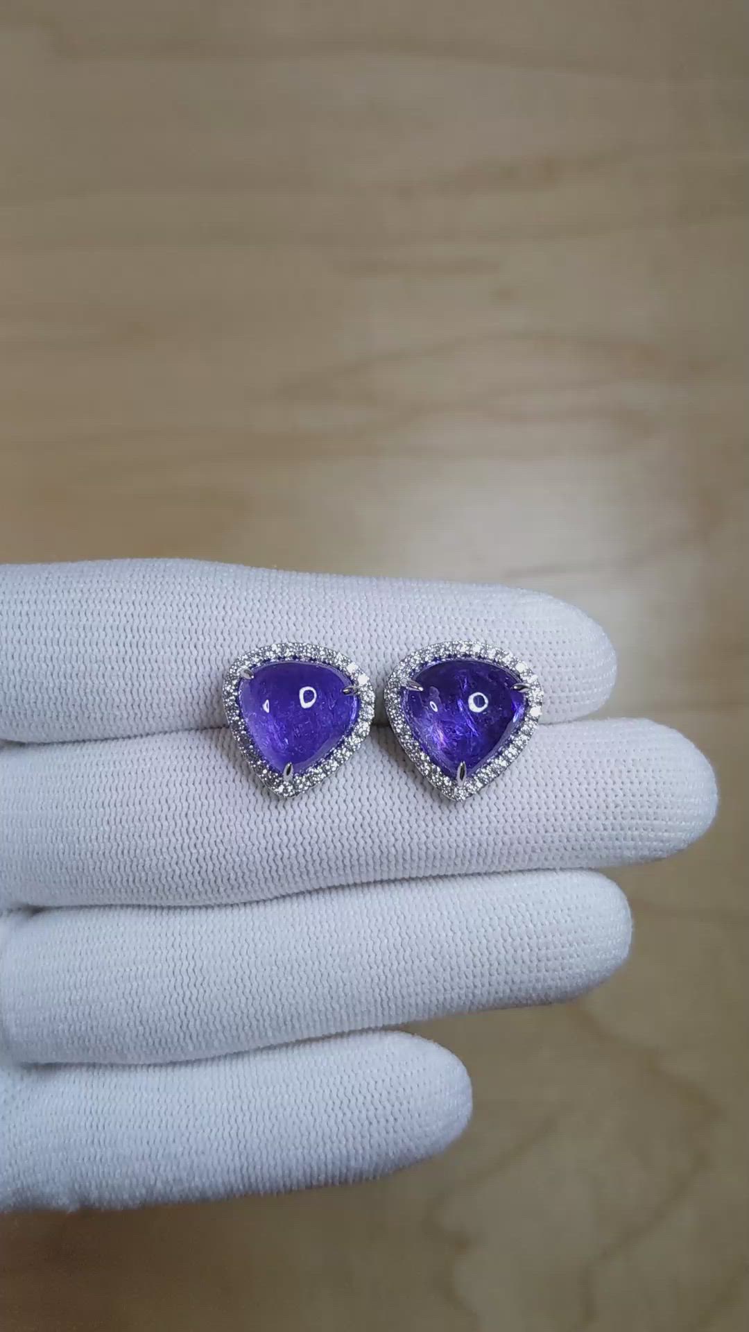 14.89 Ct.Tw.Total Carat Weight Violet Tanzanite and Natural Diamond Studs Earrings, 14K White Gold Size Video