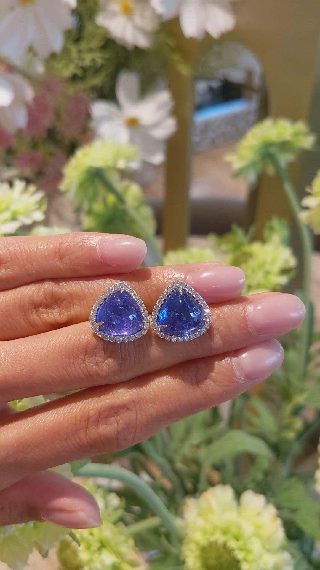 14.89 Ct.Tw.Total Carat Weight Violet Tanzanite and Natural Diamond Studs Earrings, 14K White Gold Size Video