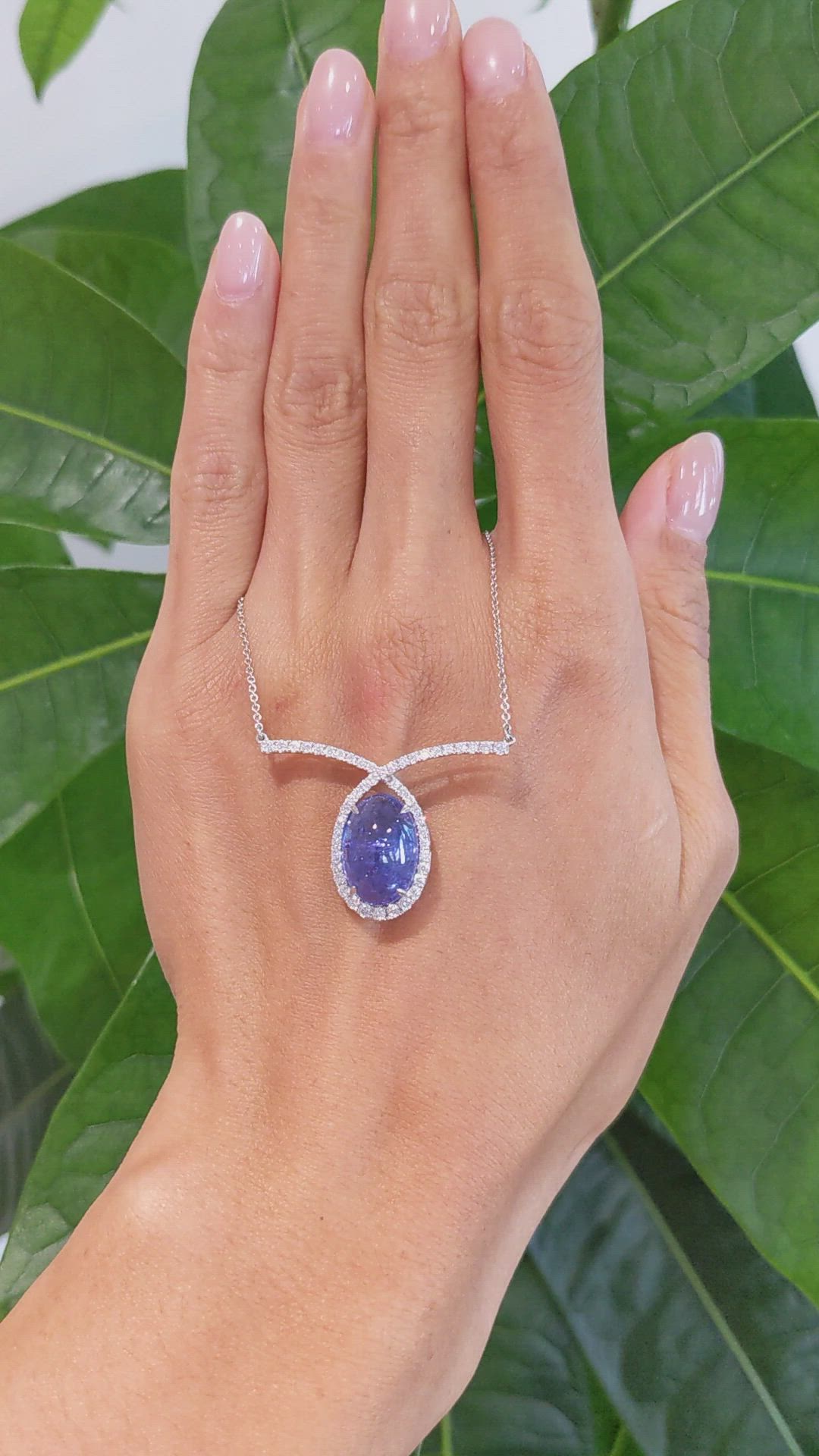 12.24 Ct. Violet Tanzanite and Natural Diamond Pave Necklace, 14K White Gold Size Video