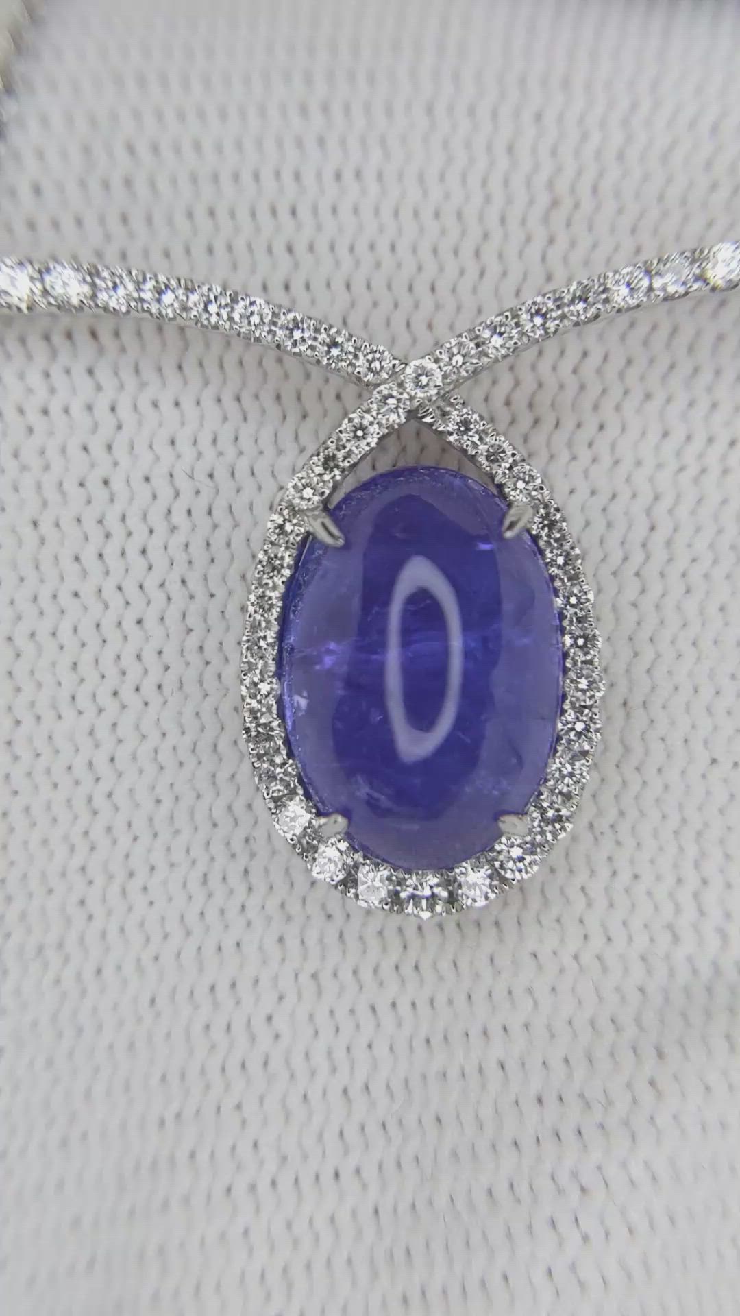 12.24 Ct. Violet Tanzanite and Natural Diamond Pave Necklace, 14K White Gold Size Video