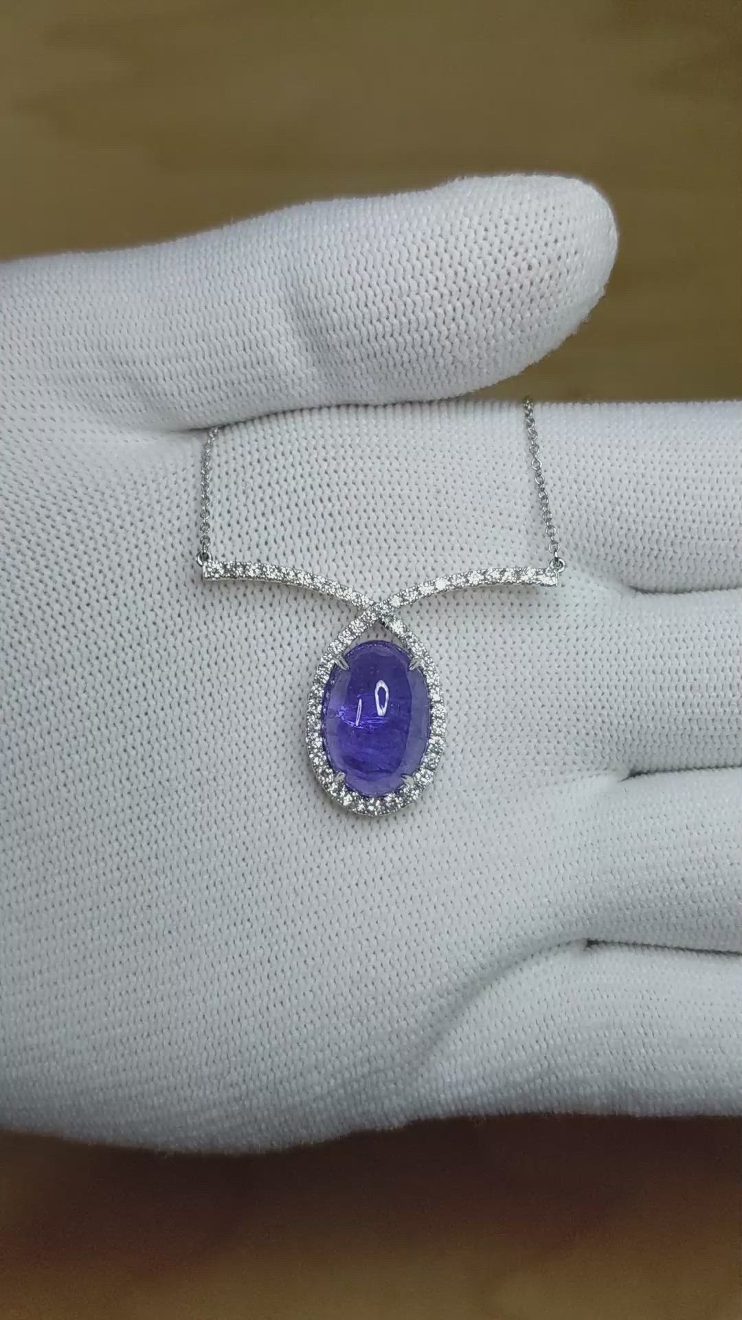 12.24 Ct. Violet Tanzanite and Natural Diamond Pave Necklace, 14K White Gold Size Video