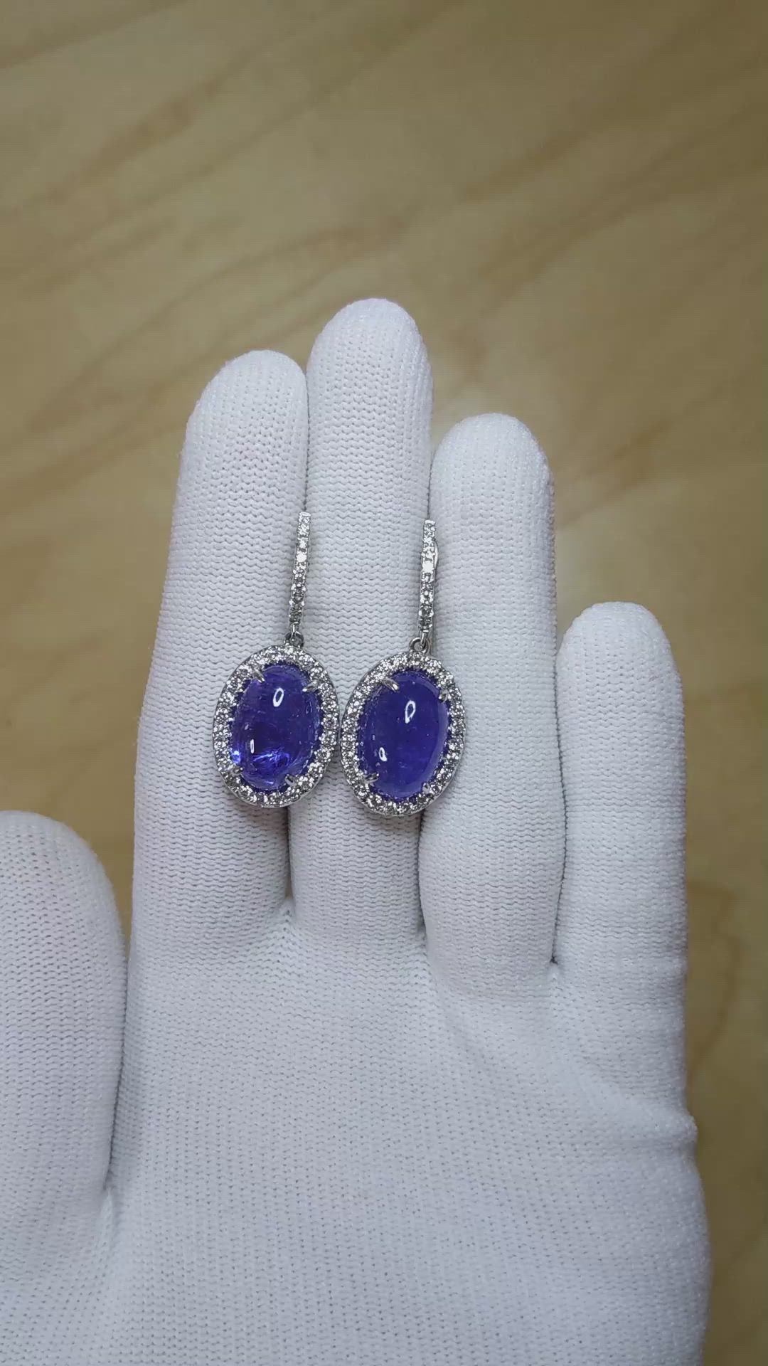 15.79 Ct.Tw.Total Carat Weight Violet Tanzanite and Natural Diamond Pave Earrings, 14K White Gold Size Video