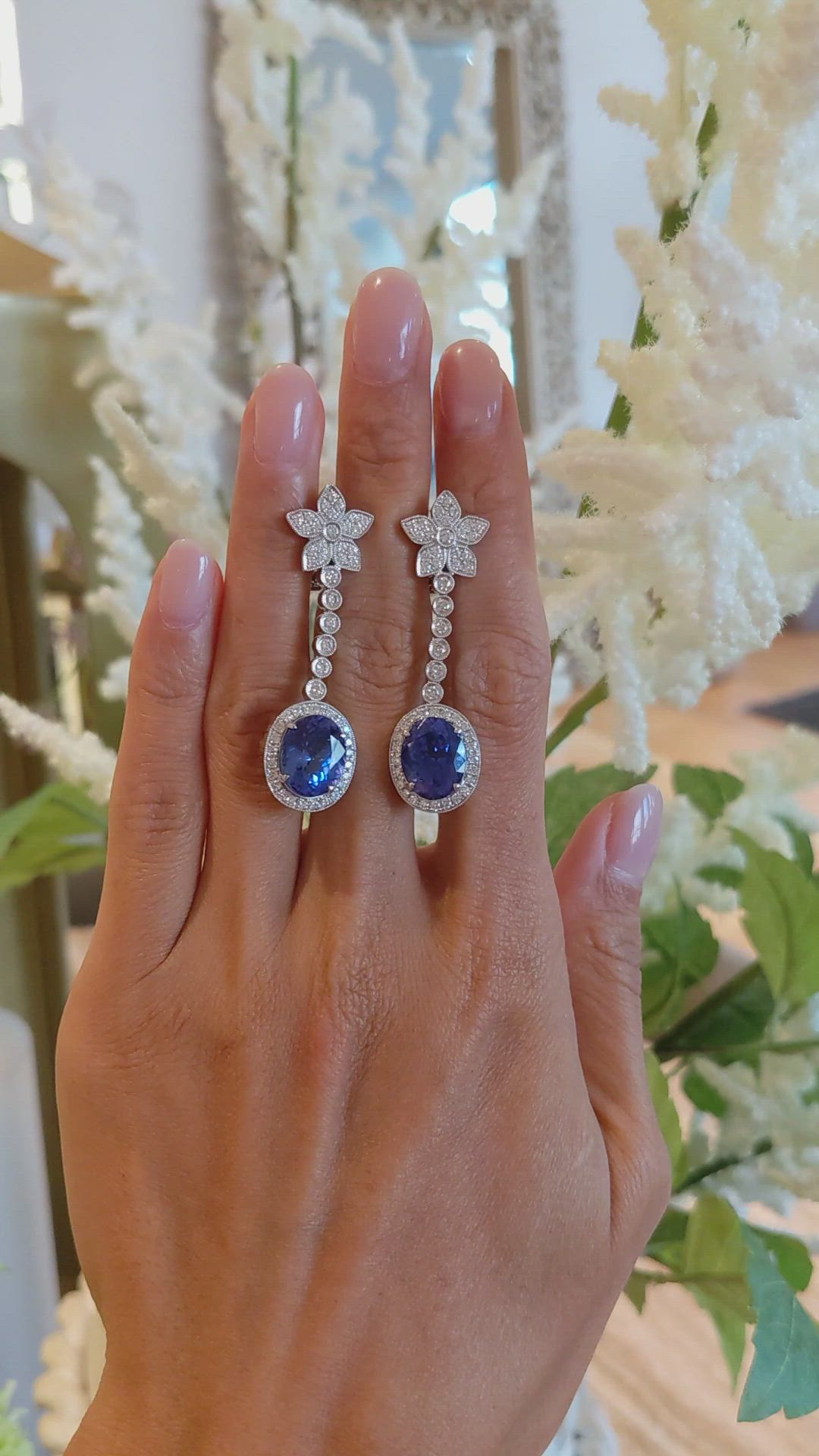 10.10 Ct.Tw.Total Carat Weight Violet Tanzanite and Natural Diamond Pave Earrings, 18K White Gold Size Video