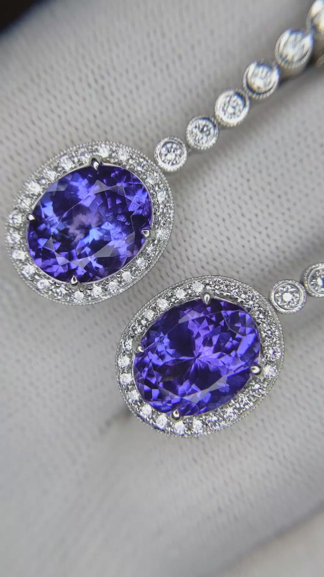 10.10 Ct.Tw.Total Carat Weight Violet Tanzanite and Natural Diamond Pave Earrings, 18K White Gold Size Video
