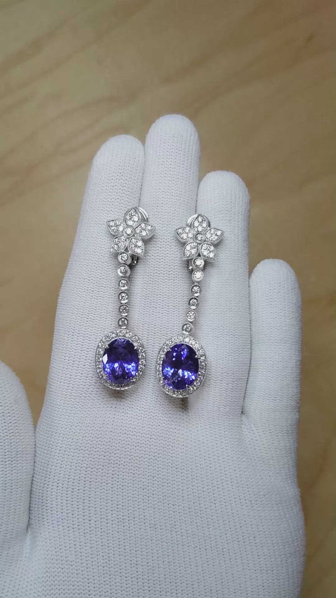 10.10 Ct.Tw.Total Carat Weight Violet Tanzanite and Natural Diamond Pave Earrings, 18K White Gold Size Video