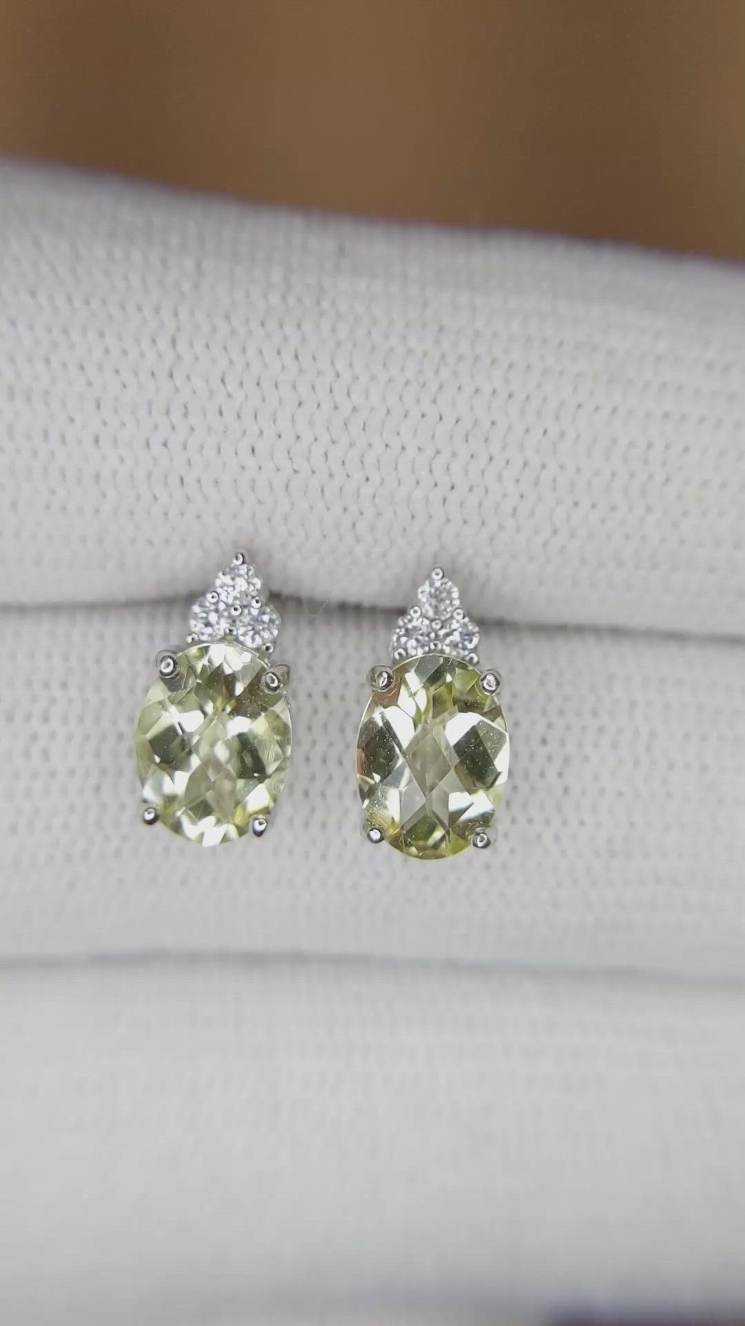2.16&nbsp;Ct.Tw.Total Carat Weight Yellowish Green Topaz and Natural Diamond Studs Earrings, 14K White Gold Size Video