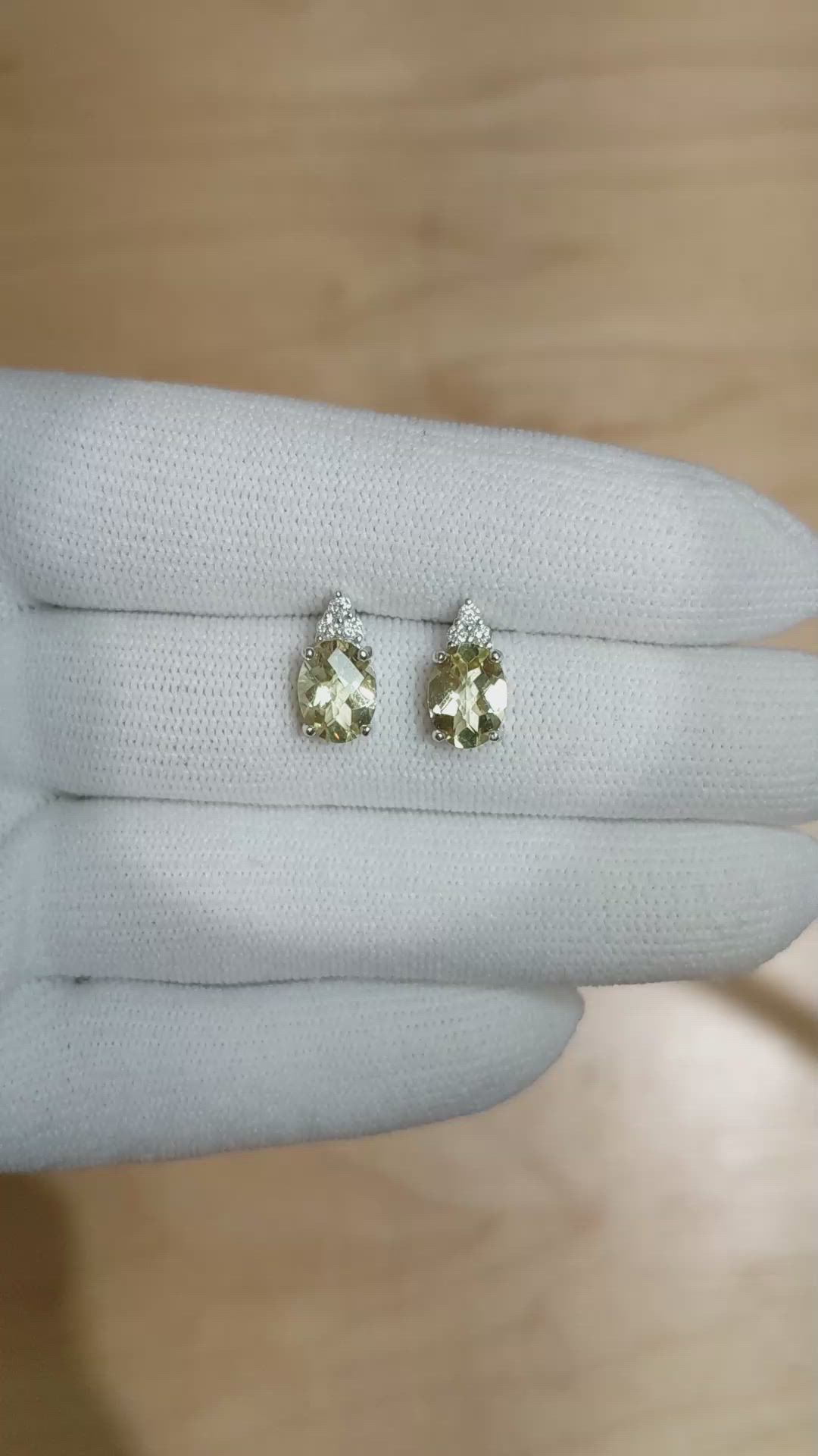 2.16&nbsp;Ct.Tw.Total Carat Weight Yellowish Green Topaz and Natural Diamond Studs Earrings, 14K White Gold Size Video