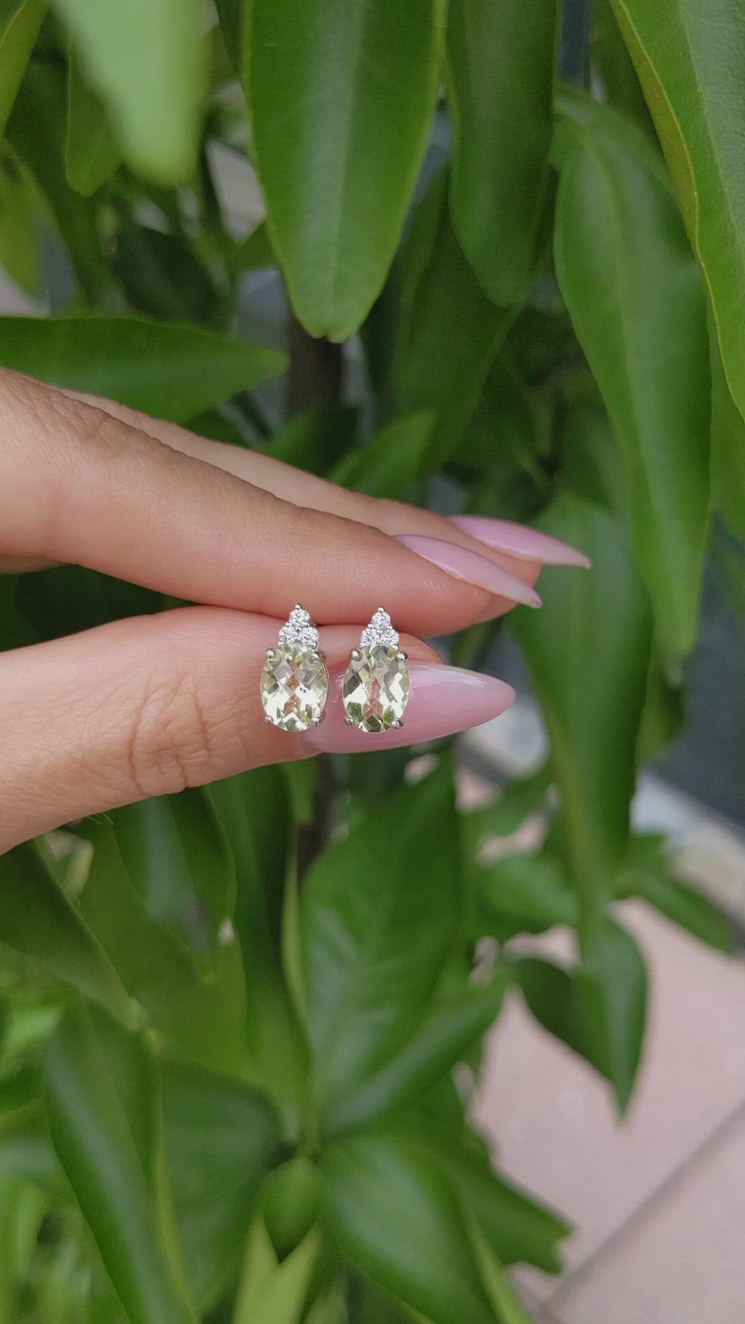 2.16&nbsp;Ct.Tw.Total Carat Weight Yellowish Green Topaz and Natural Diamond Studs Earrings, 14K White Gold Size Video
