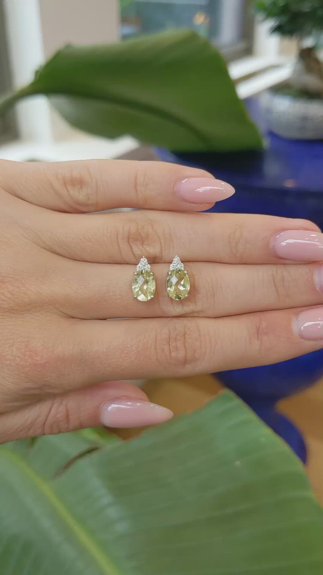 2.16&nbsp;Ct.Tw.Total Carat Weight Yellowish Green Topaz and Natural Diamond Studs Earrings, 14K White Gold Size Video