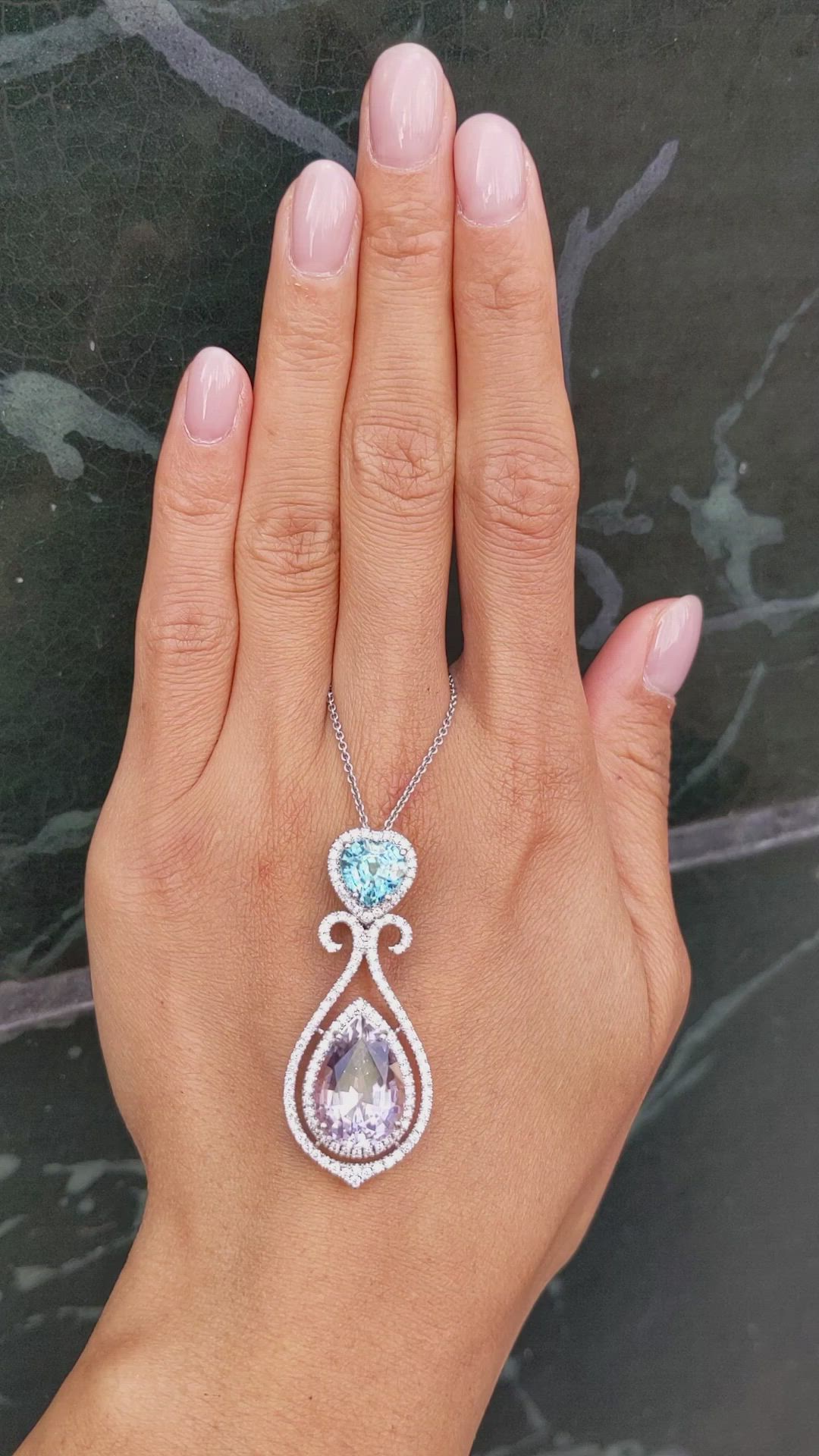 9.65 Ct. Pink Tourmaline, Blue Zircon and Natural Diamond Pave Pendant, 18K White Gold Size Video