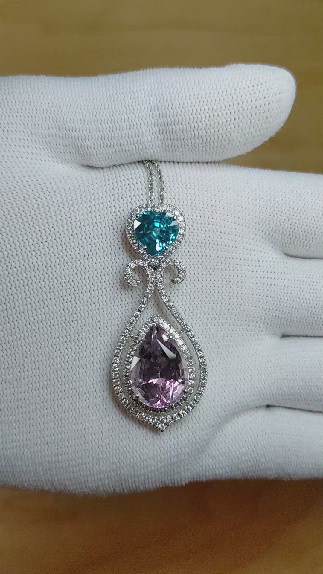 9.65 Ct. Pink Tourmaline, Blue Zircon and Natural Diamond Pave Pendant, 18K White Gold Size Video