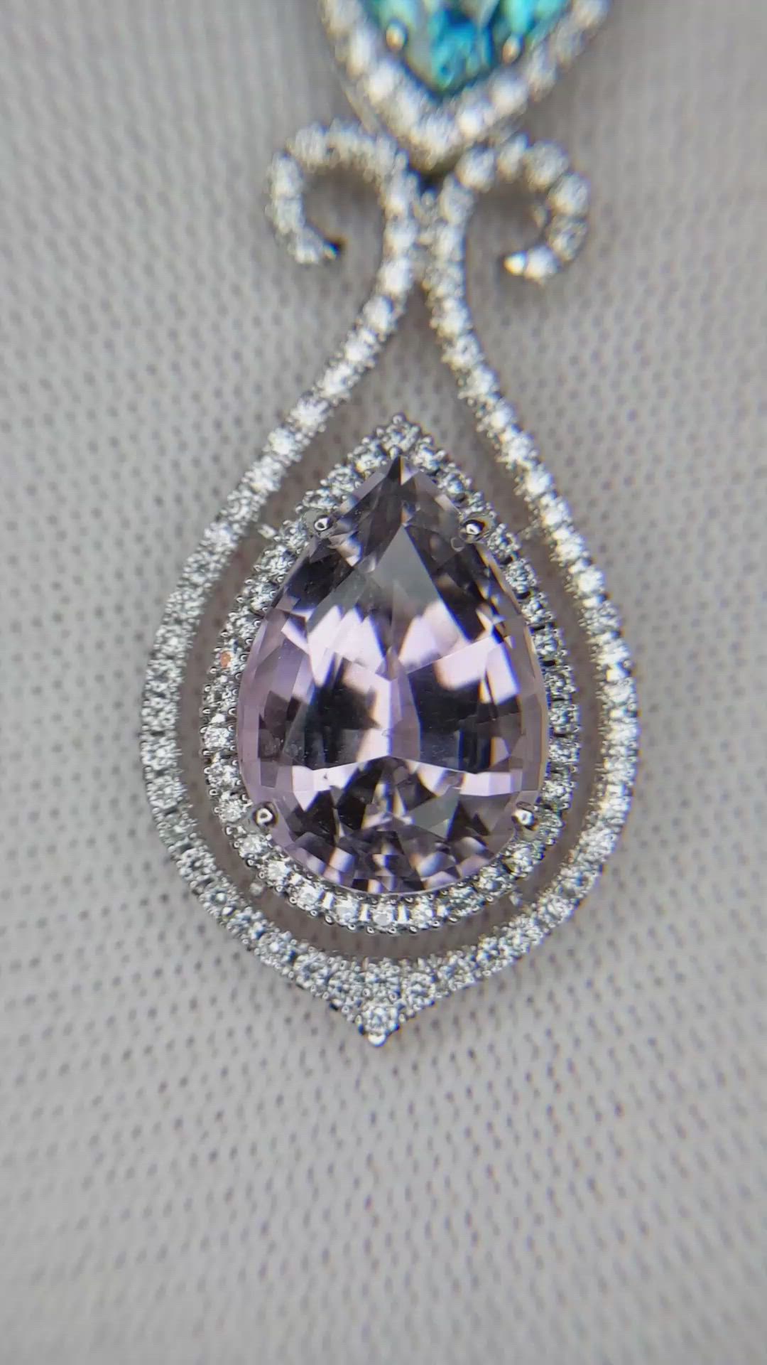9.65 Ct. Pink Tourmaline, Blue Zircon and Natural Diamond Pave Pendant, 18K White Gold Size Video