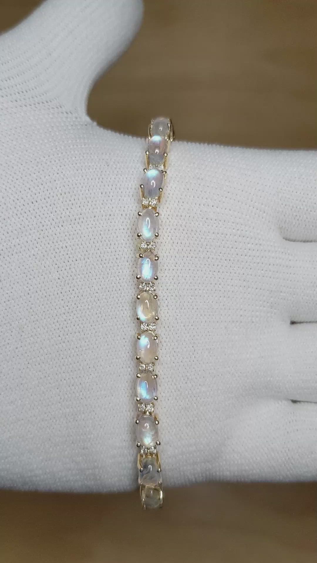 13.70&nbsp;Ct.Tw.Total Carat Weight Rainbow Moonstone and Natural Diamond Tennis/Line Bracelet, 14K Yellow Gold Size Video