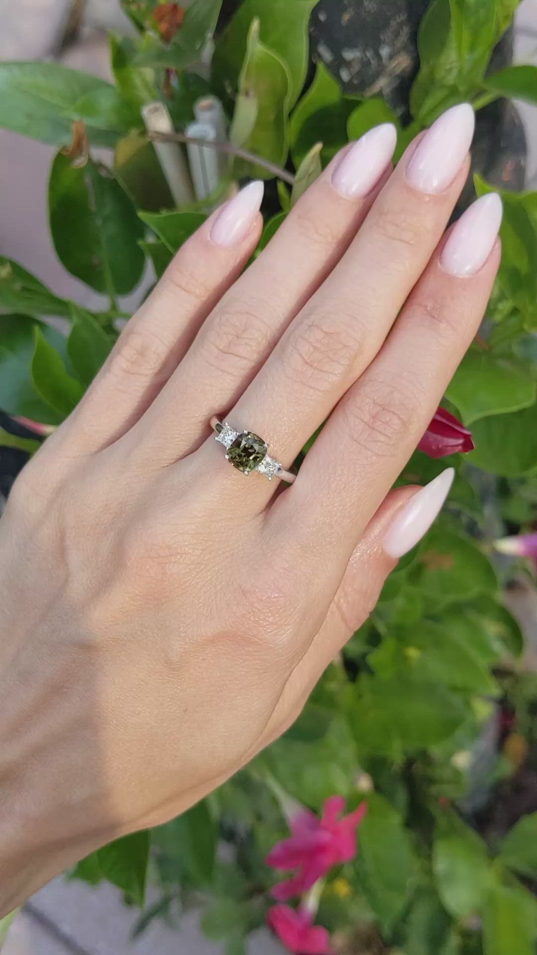 1.67 Ct. Alexandrite and Natural Diamond Three Stone Ring, 14K White Gold Size Video