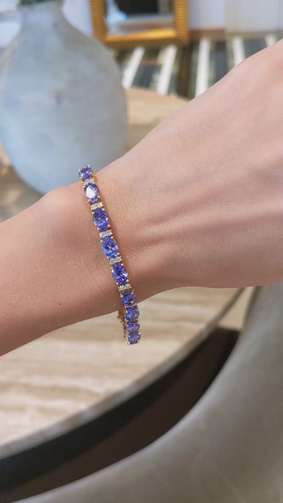 16.45&nbsp;Ct.Tw.Total Carat Weight Violet Tanzanite and Natural Diamond Tennis/Line Bracelet, 14K Yellow Gold Size Video