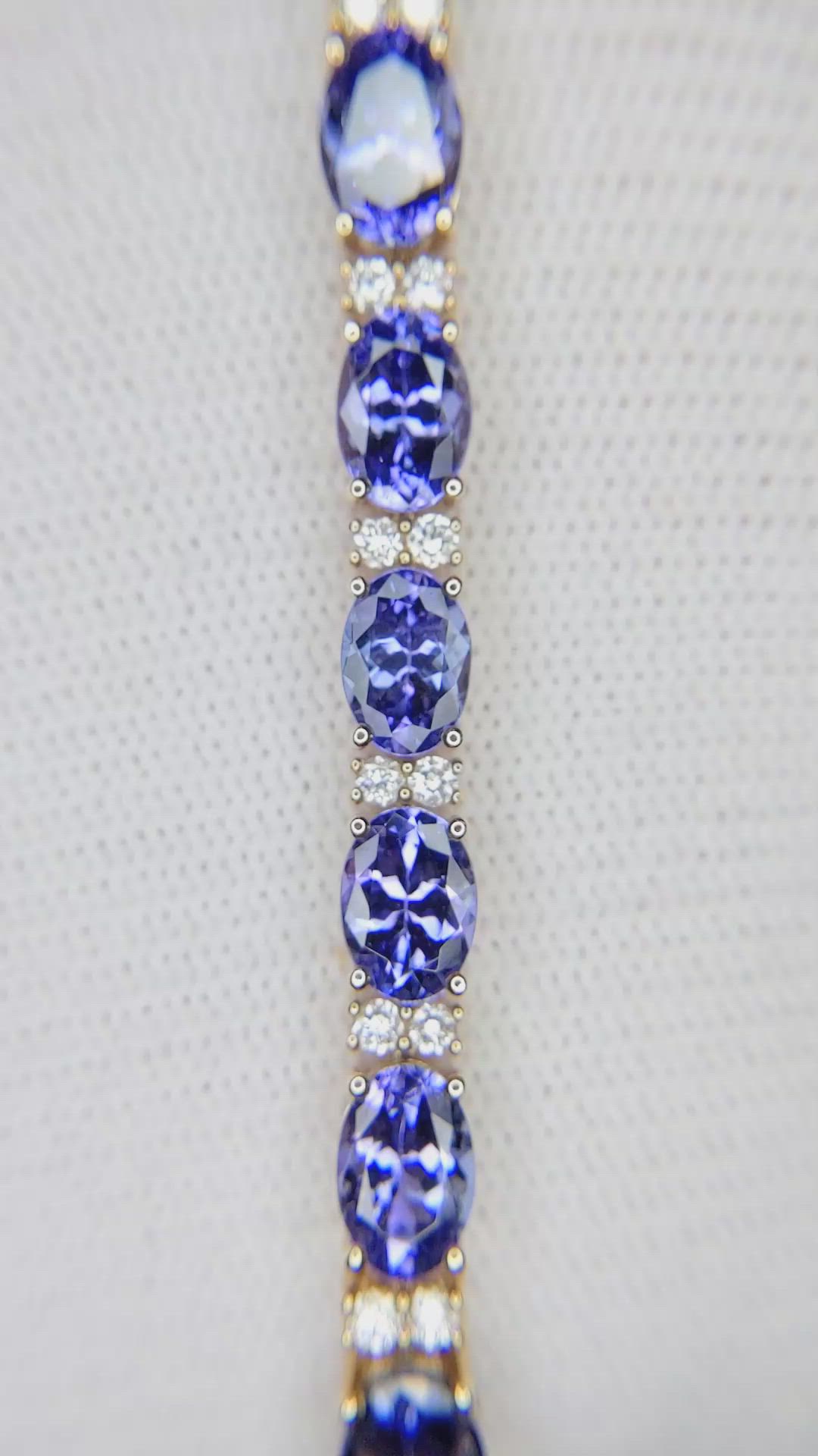 16.45&nbsp;Ct.Tw.Total Carat Weight Violet Tanzanite and Natural Diamond Tennis/Line Bracelet, 14K Yellow Gold Size Video