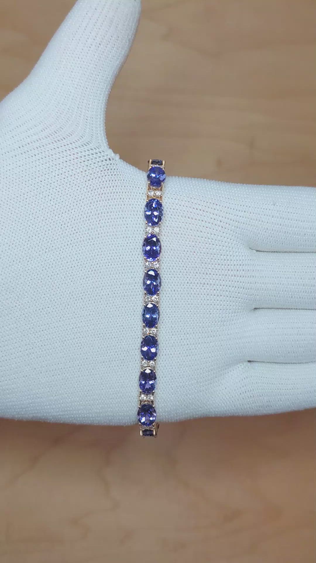 16.45&nbsp;Ct.Tw.Total Carat Weight Violet Tanzanite and Natural Diamond Tennis/Line Bracelet, 14K Yellow Gold Size Video