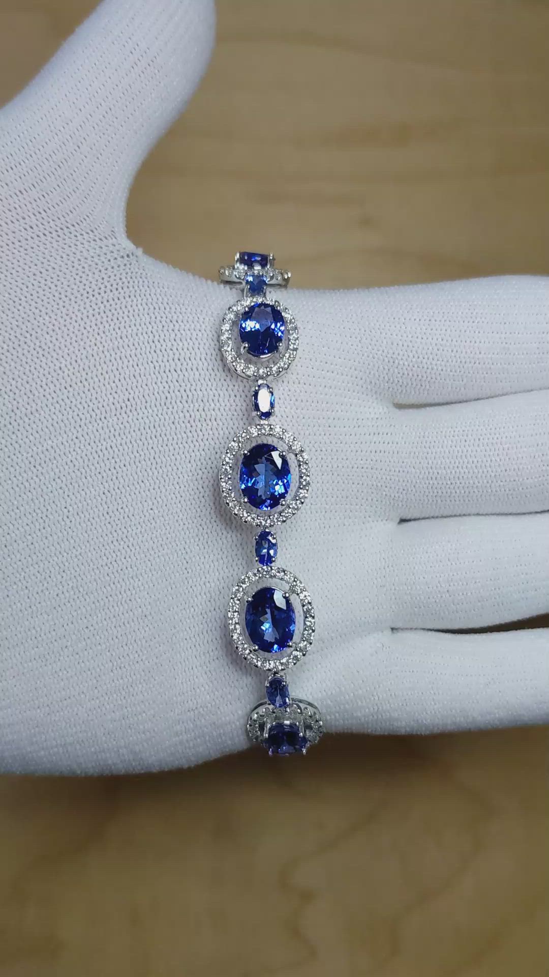 15.44 Ct.Tw.Total Carat Weight Violet Tanzanite and Natural Diamond Pave Bracelet, 18K White Gold Size Video