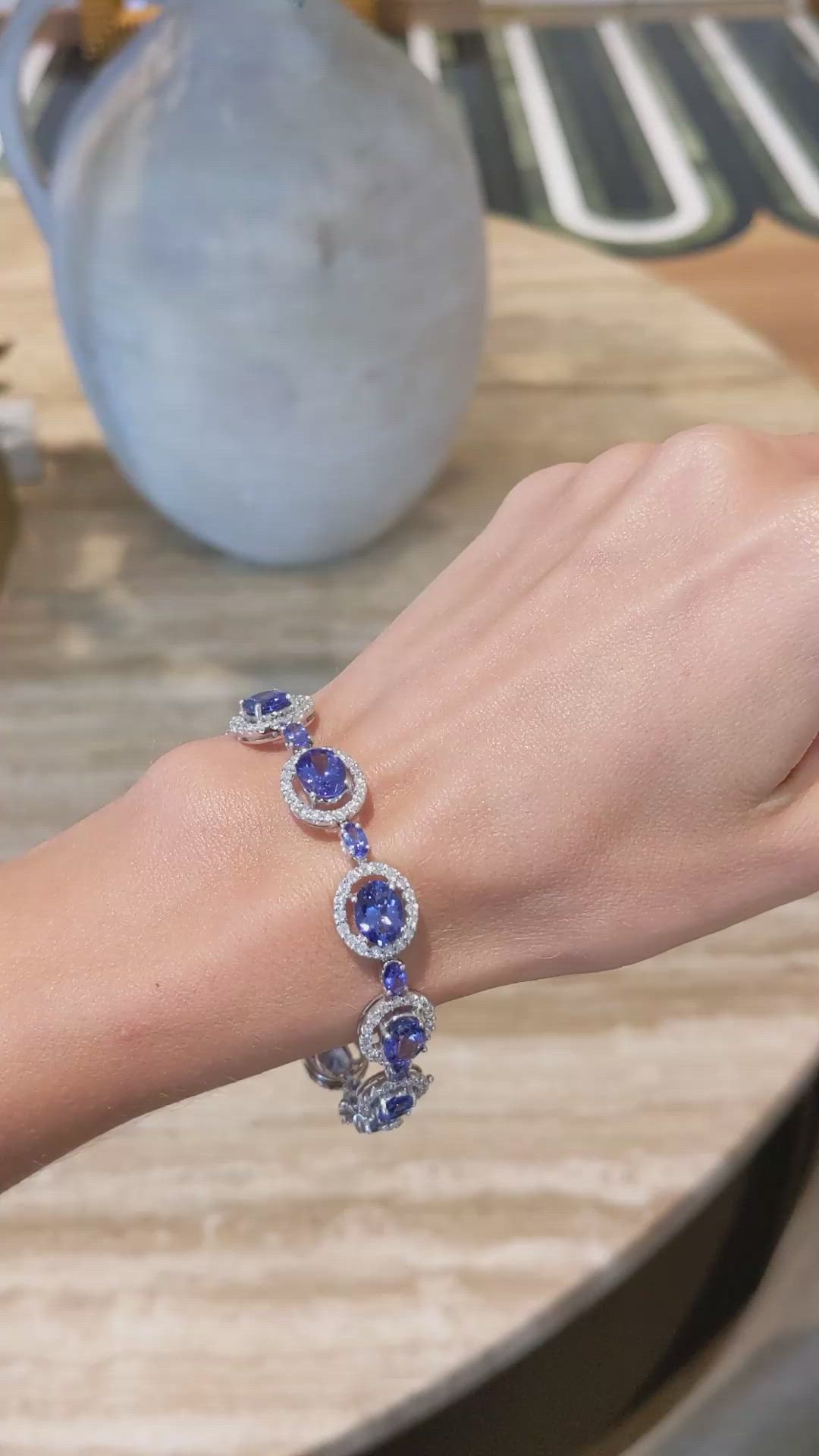 15.44 Ct.Tw.Total Carat Weight Violet Tanzanite and Natural Diamond Pave Bracelet, 18K White Gold Size Video
