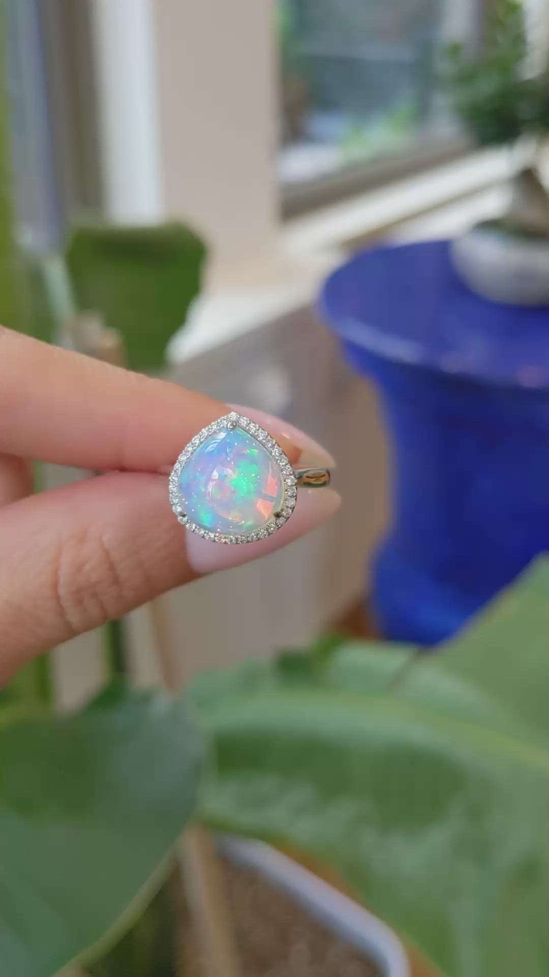 4.52 Ct. Multi Color Opal and Natural Diamond Pave Ring, 14K White Gold Size Video