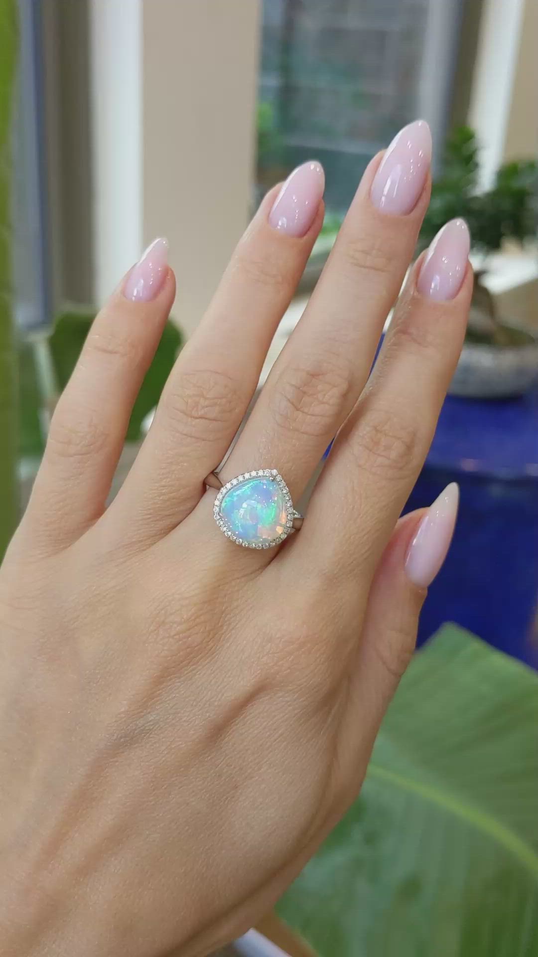 4.52 Ct. Multi Color Opal and Natural Diamond Pave Ring, 14K White Gold Size Video