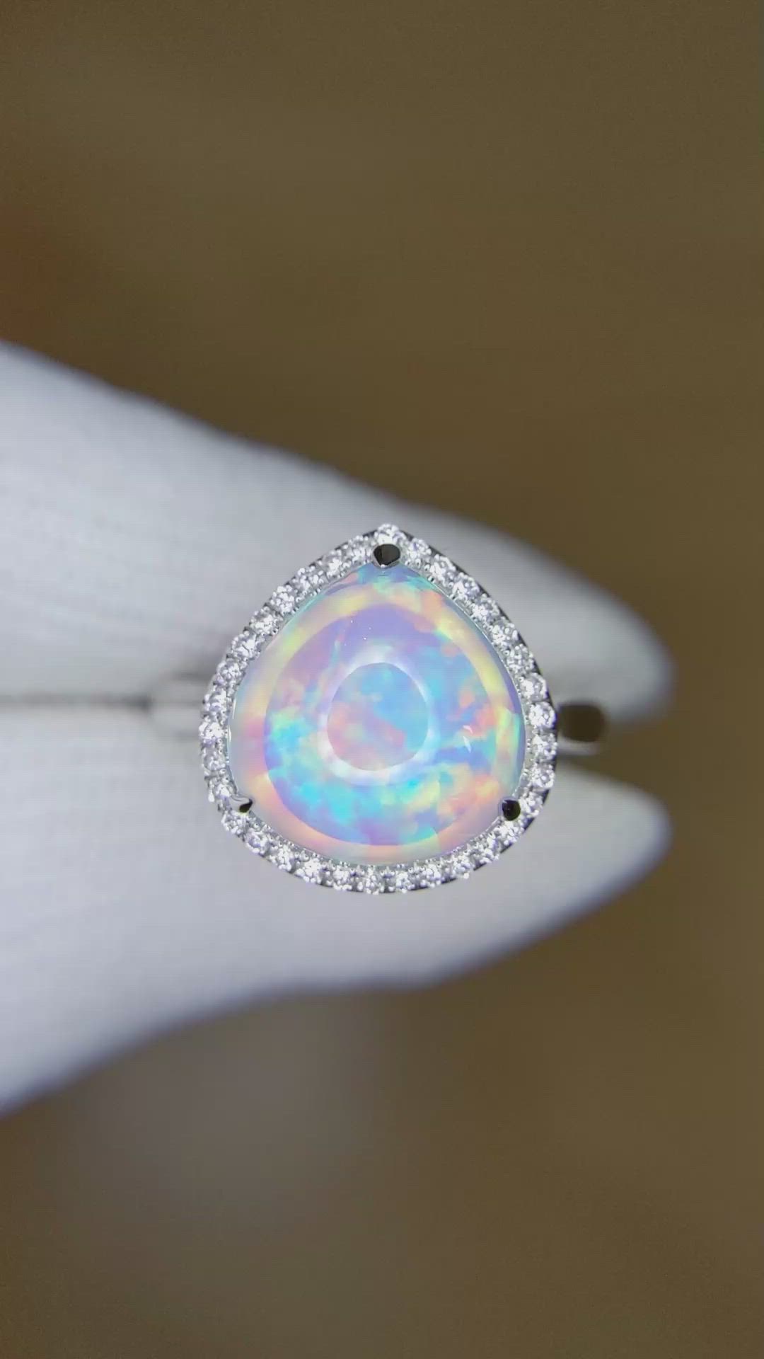 4.52 Ct. Multi Color Opal and Natural Diamond Pave Ring, 14K White Gold Size Video