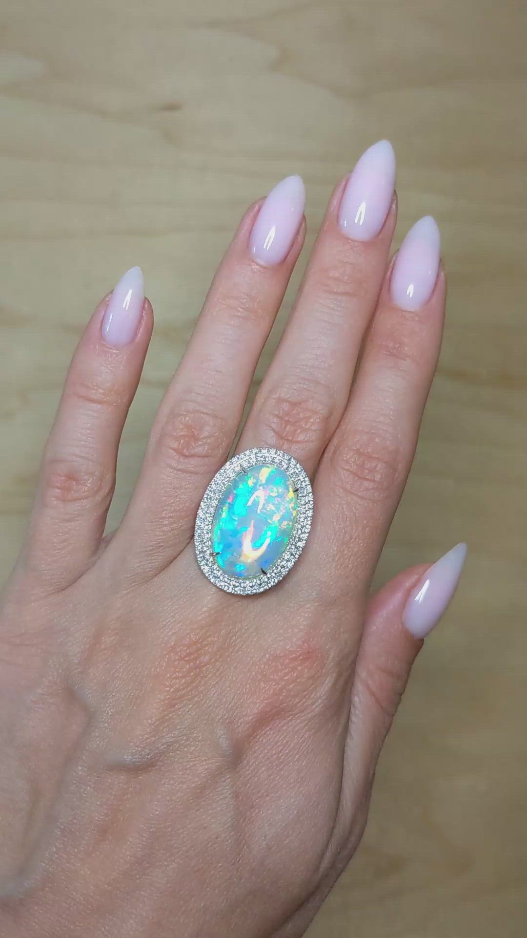 9.21 Ct. Multi Color Opal and Natural Diamond Pave Ring, 14K White Gold Size Video