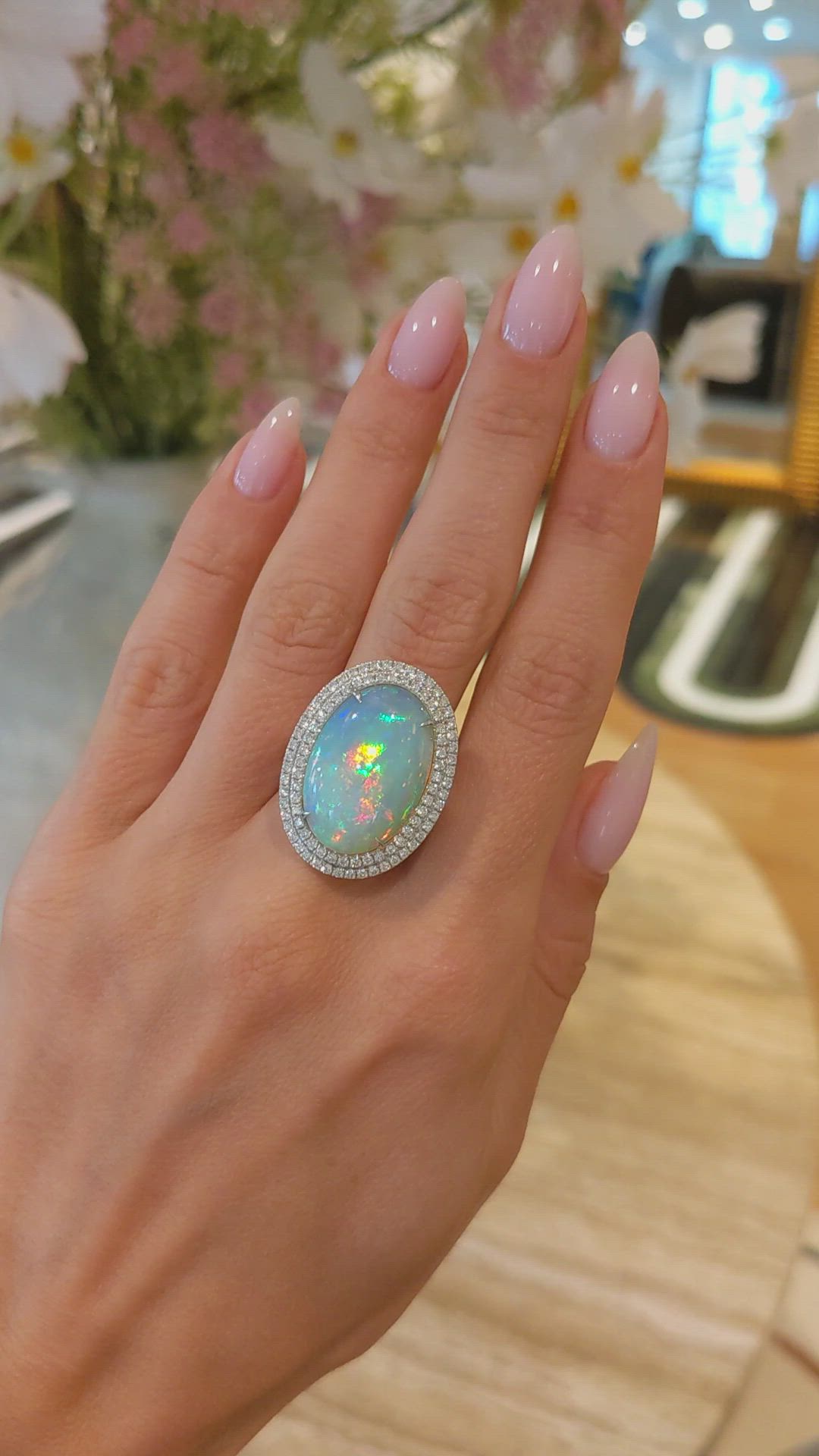 9.21 Ct. Multi Color Opal and Natural Diamond Pave Ring, 14K White Gold Size Video