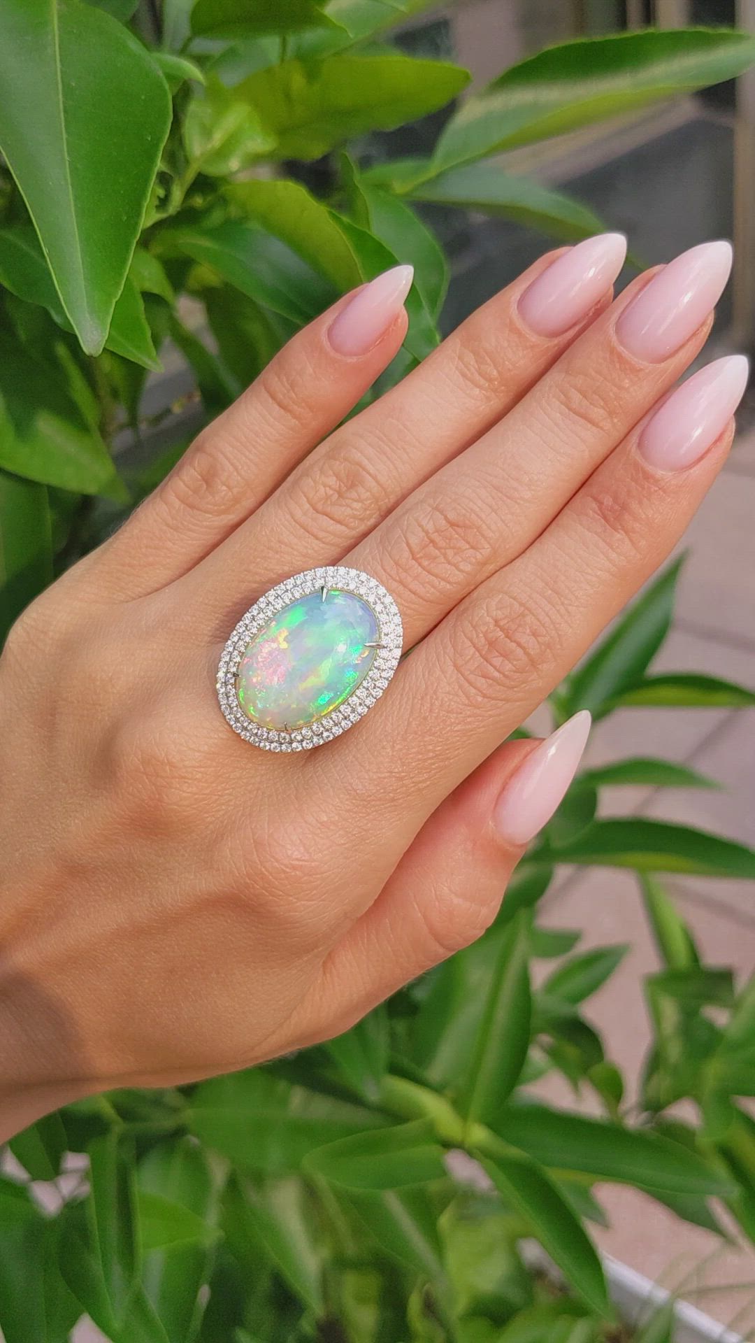 9.21 Ct. Multi Color Opal and Natural Diamond Pave Ring, 14K White Gold Size Video