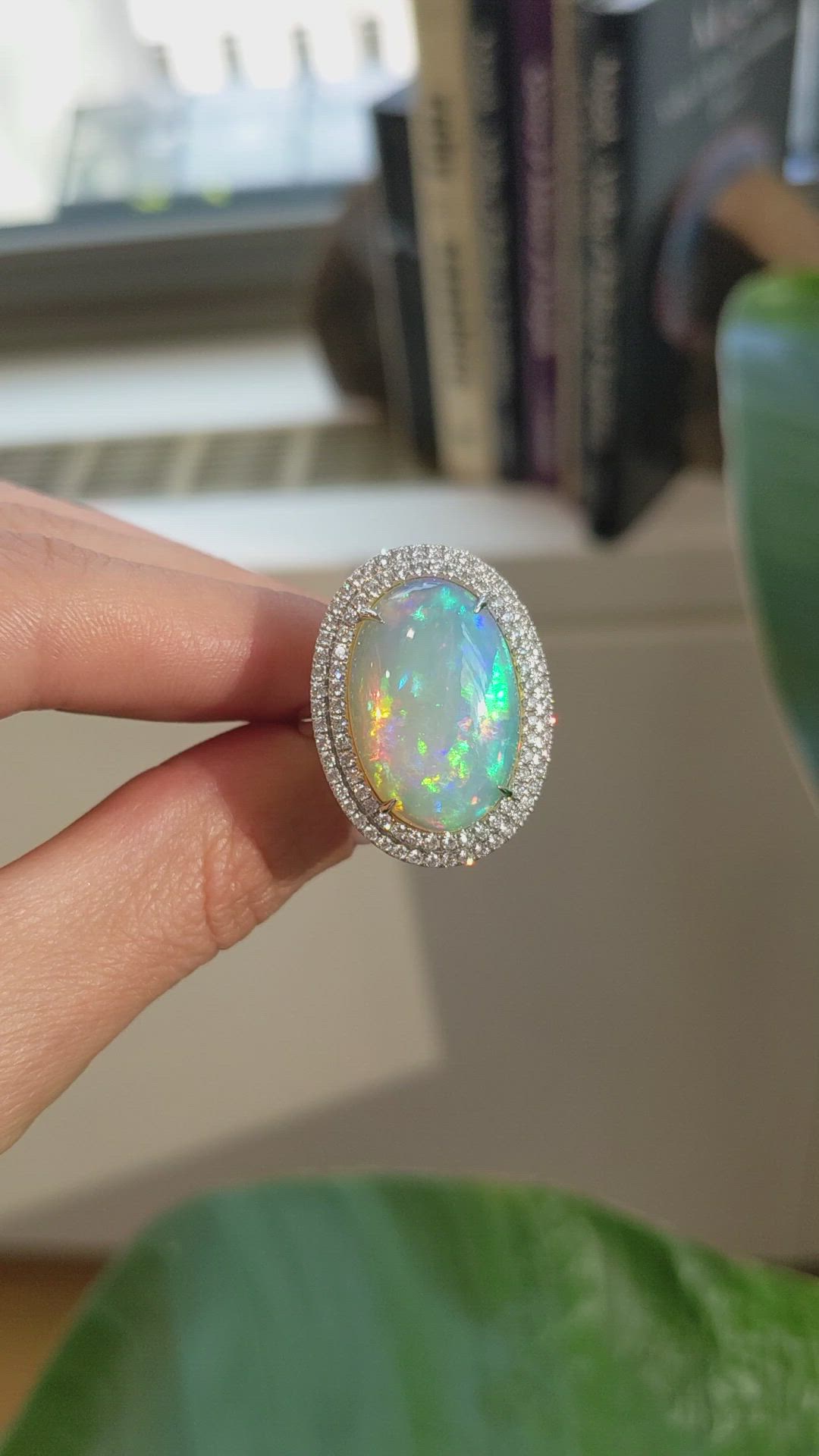 9.21 Ct. Multi Color Opal and Natural Diamond Pave Ring, 14K White Gold Size Video