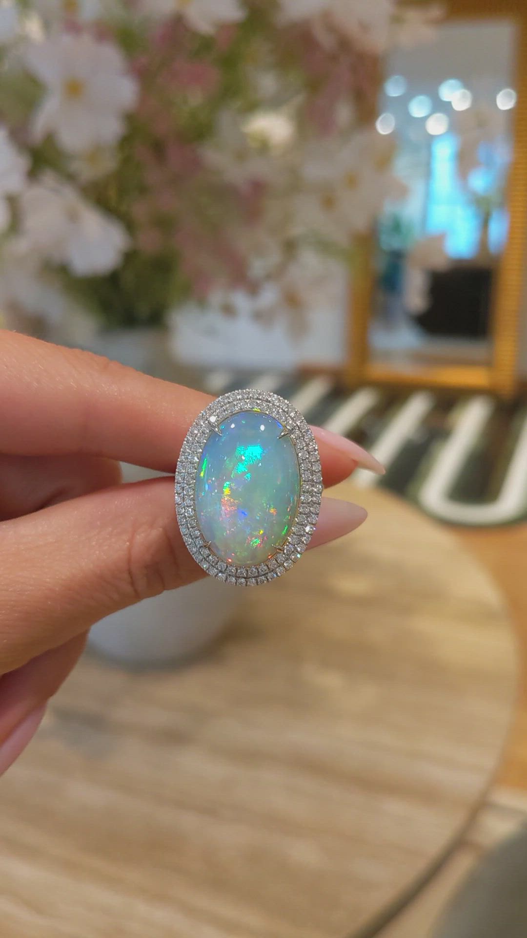 9.21 Ct. Multi Color Opal and Natural Diamond Pave Ring, 14K White Gold Size Video