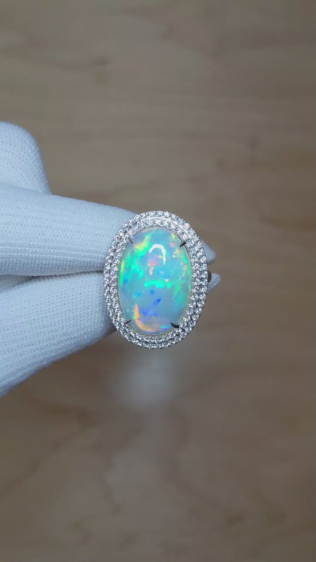 9.21 Ct. Multi Color Opal and Natural Diamond Pave Ring, 14K White Gold Size Video