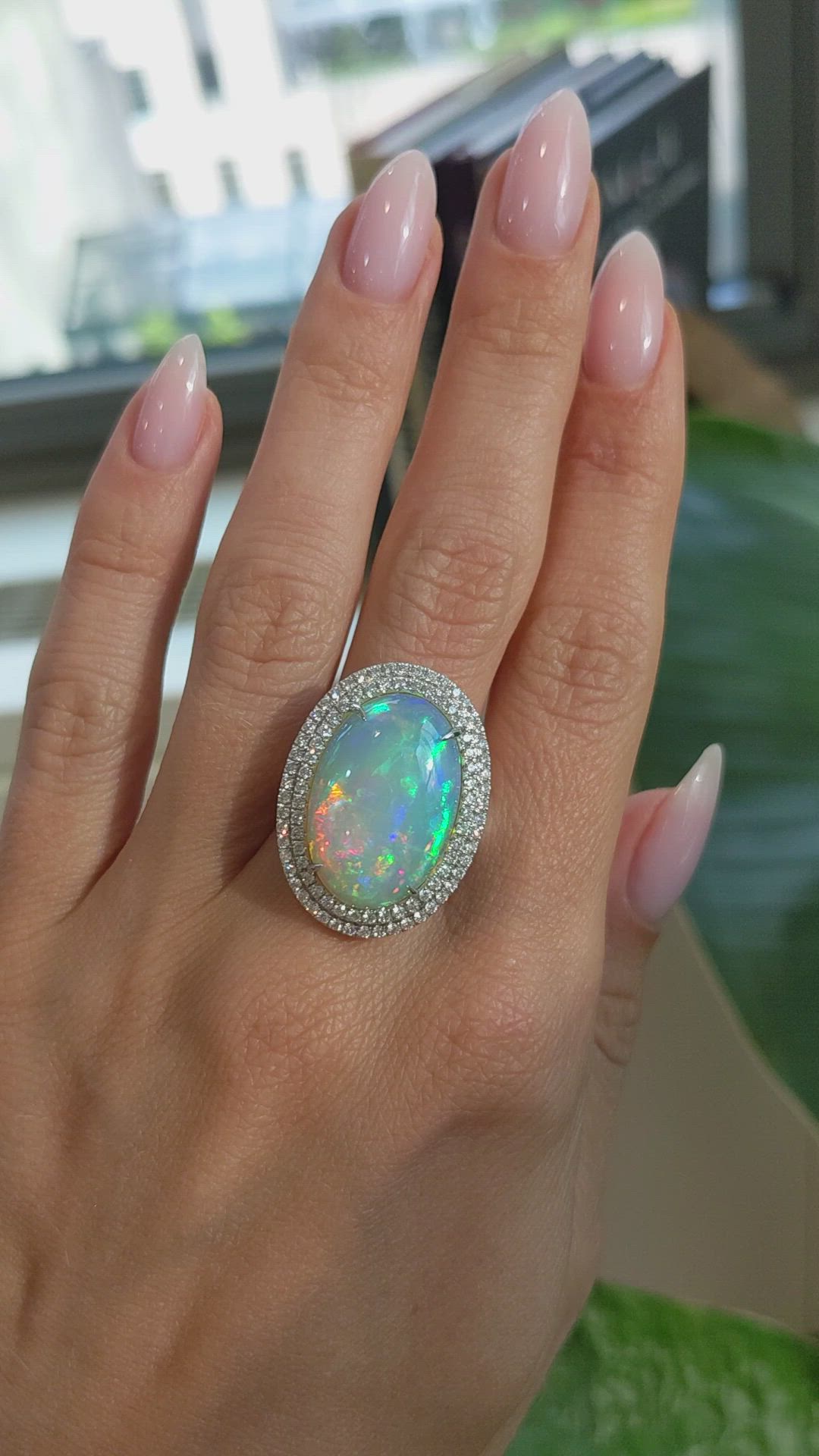 9.21 Ct. Multi Color Opal and Natural Diamond Pave Ring, 14K White Gold Size Video