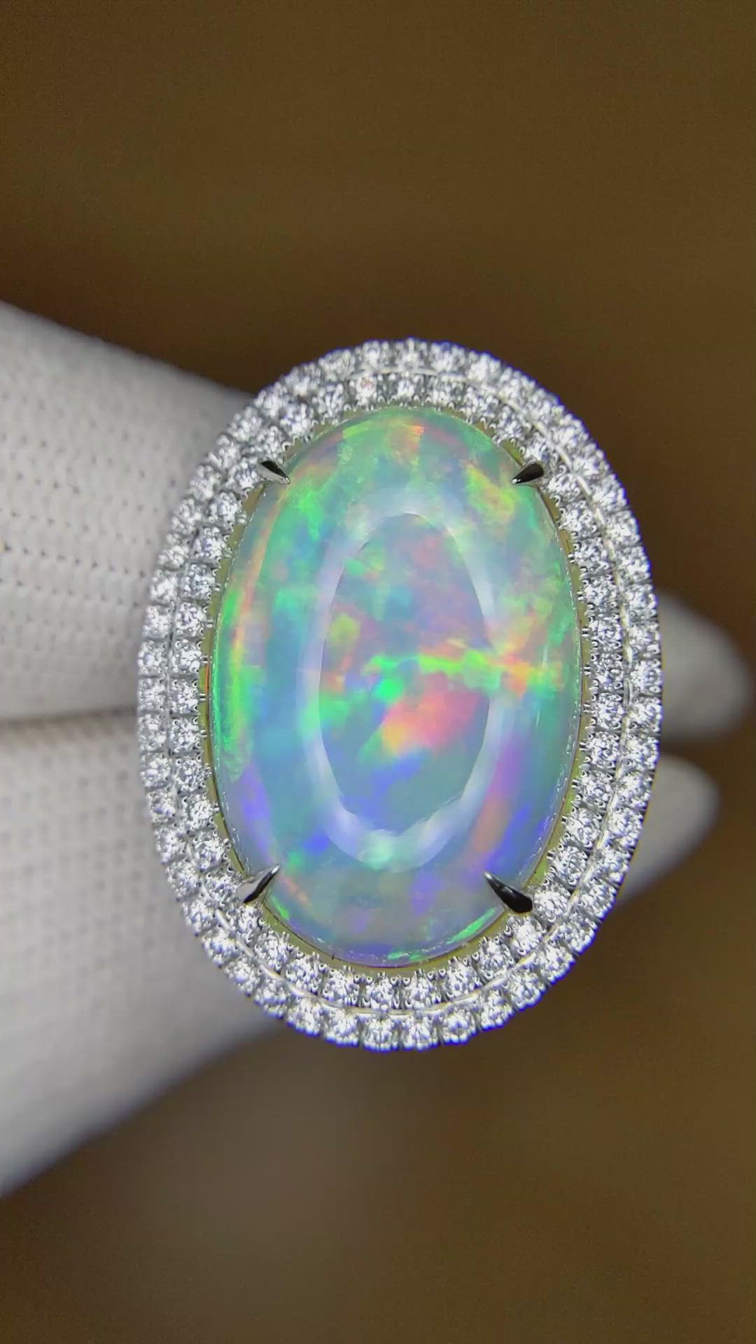 9.21 Ct. Multi Color Opal and Natural Diamond Pave Ring, 14K White Gold Size Video