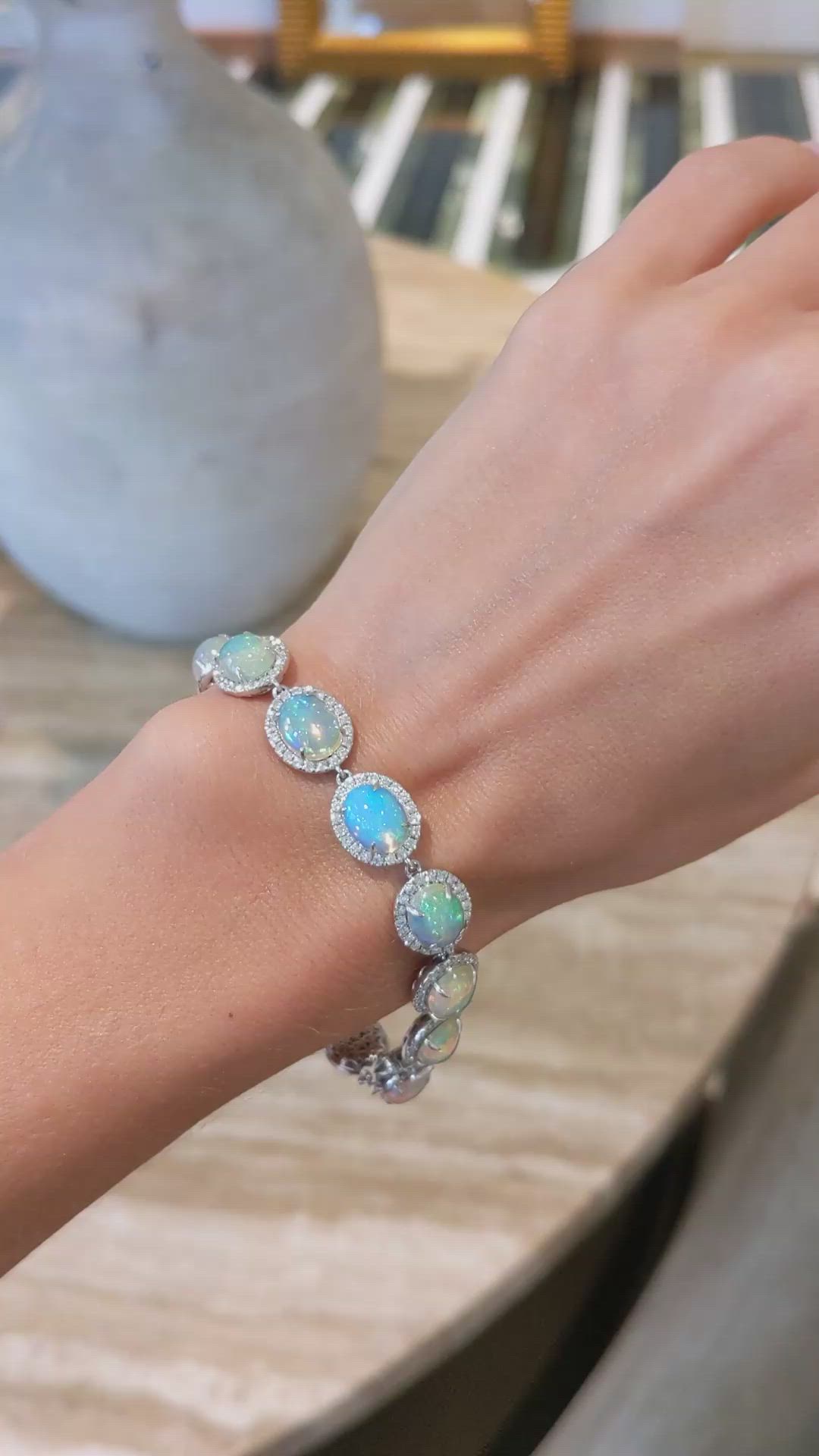 14.30 Ct.Tw.Total Carat Weight Multi Color Opal and Natural Diamond Pave Bracelet, 14K White Gold Size Video