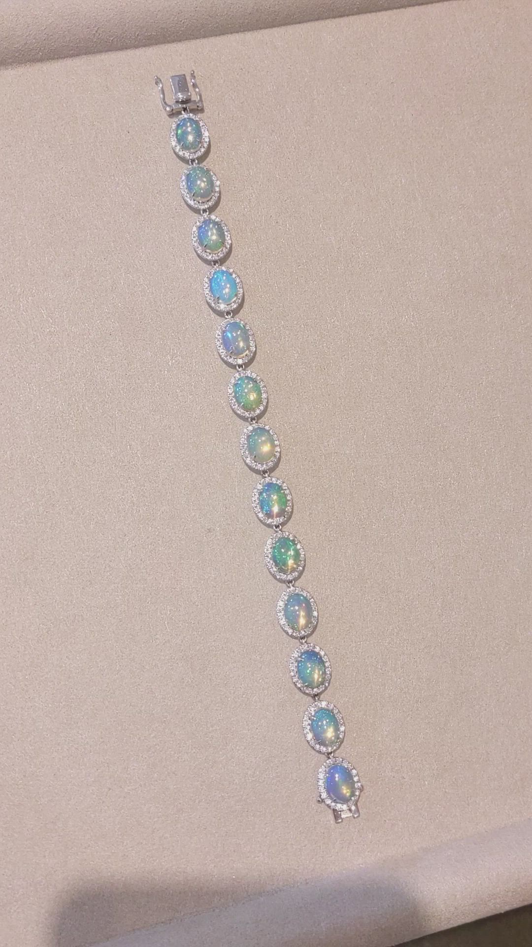 14.30 Ct.Tw.Total Carat Weight Multi Color Opal and Natural Diamond Pave Bracelet, 14K White Gold Size Video