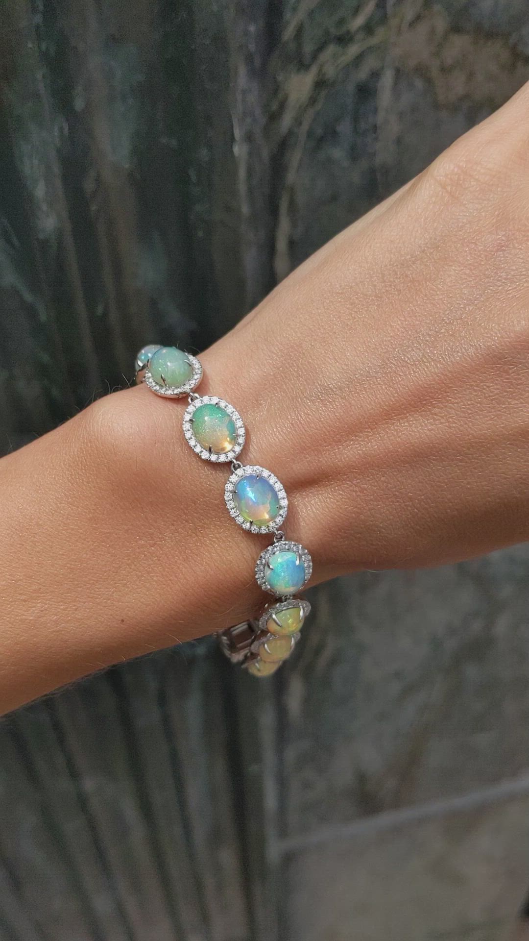 14.30 Ct.Tw.Total Carat Weight Multi Color Opal and Natural Diamond Pave Bracelet, 14K White Gold Size Video