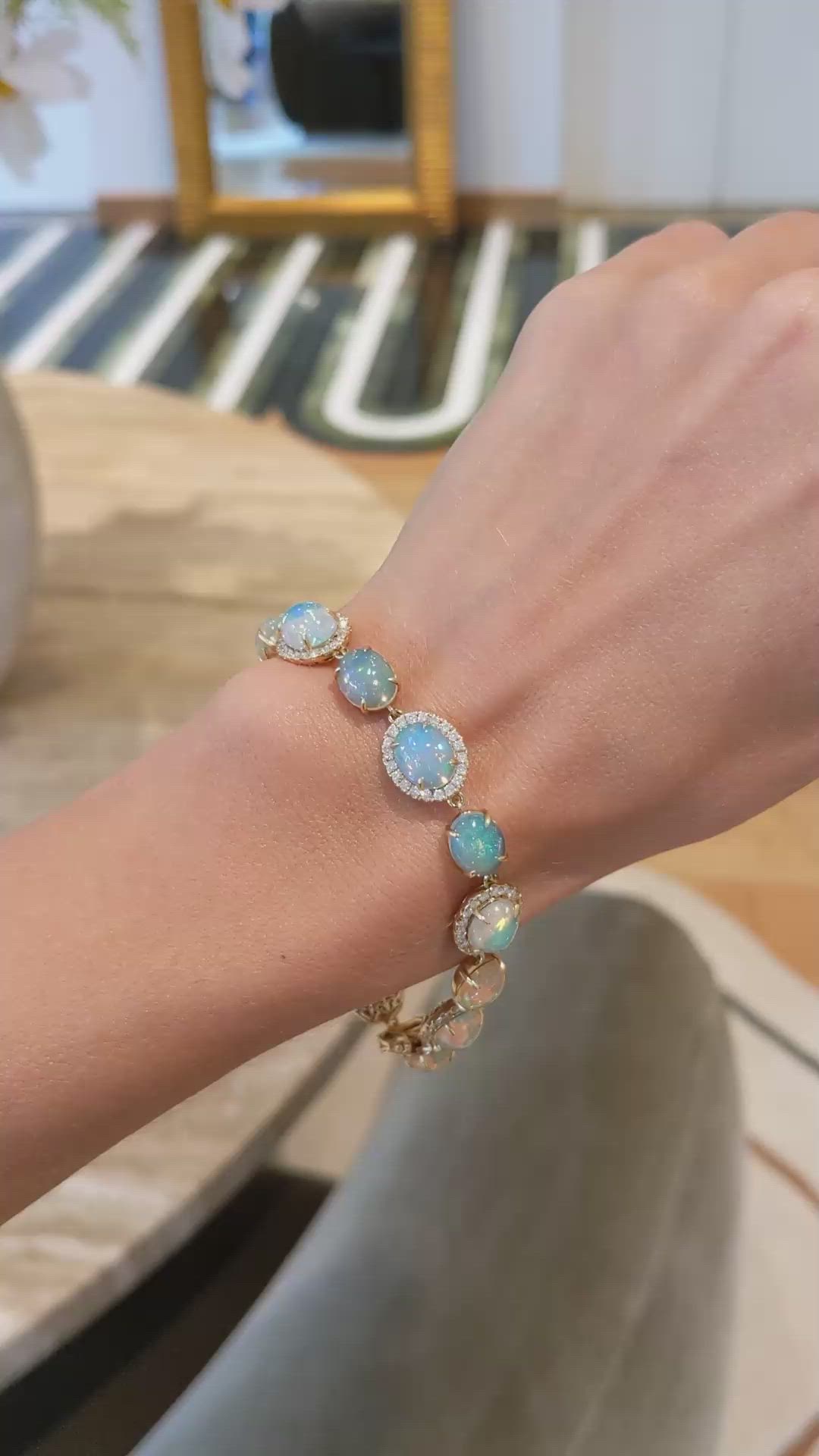 15.30 Ct.Tw.Total Carat Weight Multi Color Opal and Natural Diamond Pave Bracelet, 14K Yellow Gold Size Video