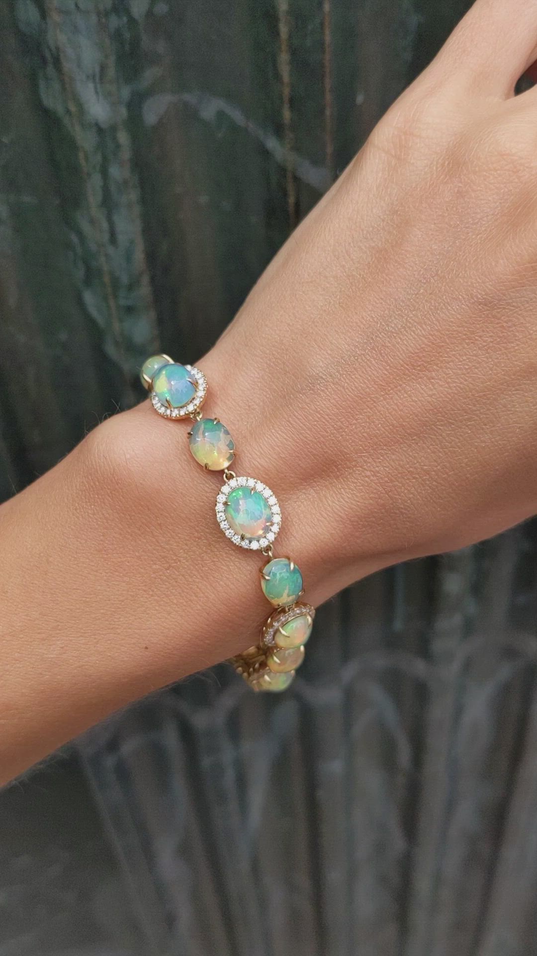 15.30 Ct.Tw.Total Carat Weight Multi Color Opal and Natural Diamond Pave Bracelet, 14K Yellow Gold Size Video