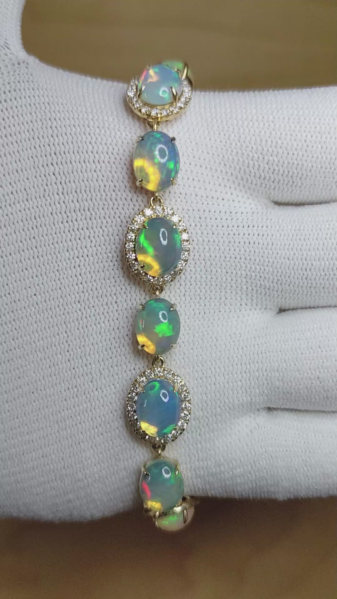 15.30 Ct.Tw.Total Carat Weight Multi Color Opal and Natural Diamond Pave Bracelet, 14K Yellow Gold Size Video