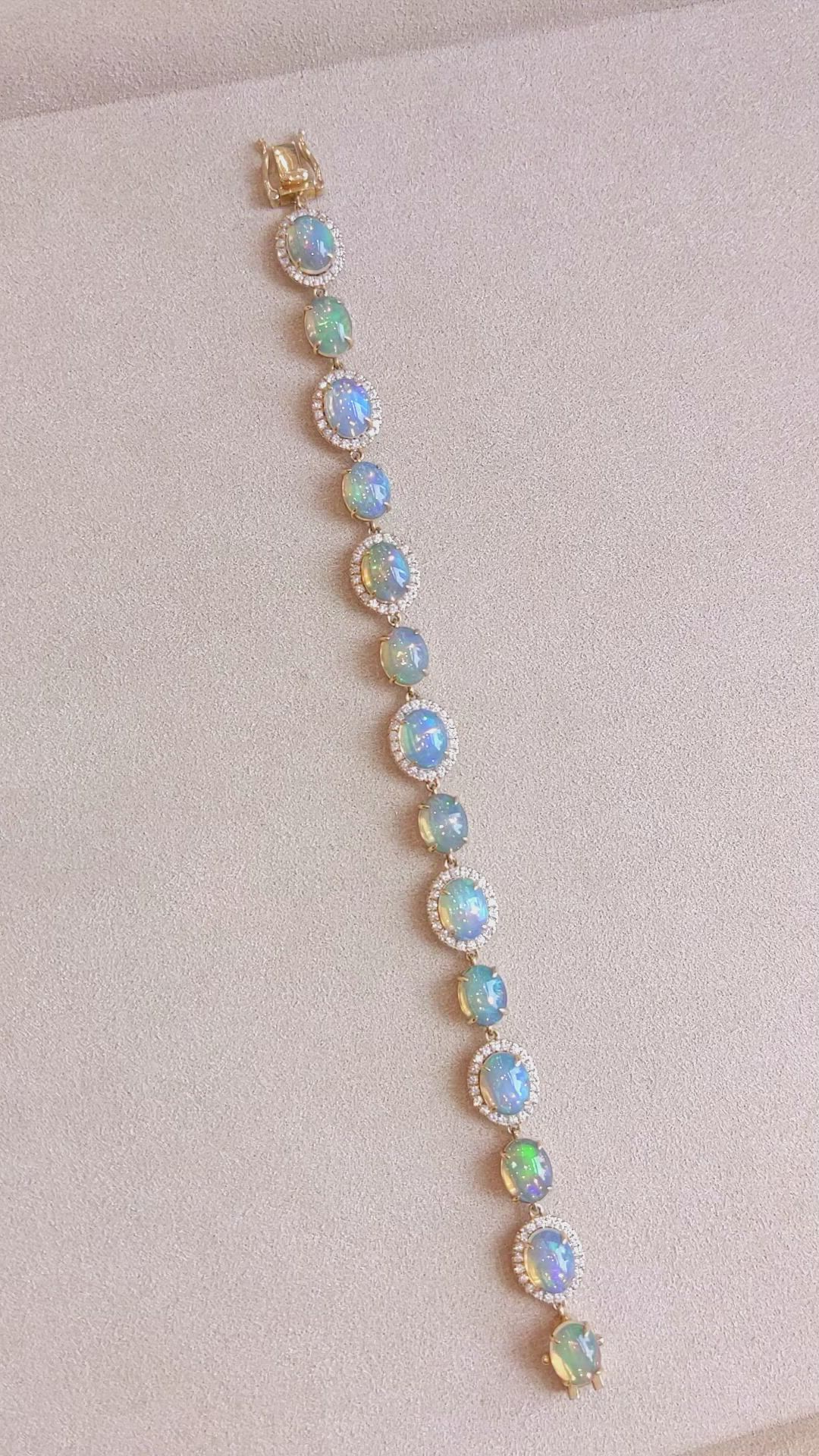 15.30 Ct.Tw.Total Carat Weight Multi Color Opal and Natural Diamond Pave Bracelet, 14K Yellow Gold Size Video