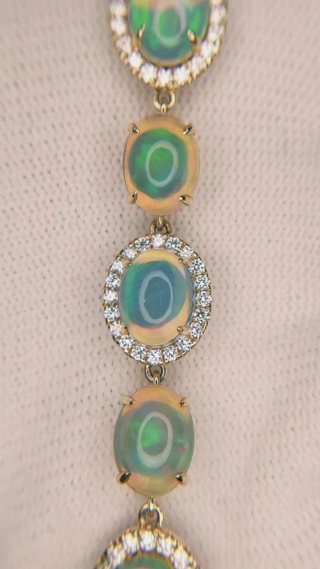15.30 Ct.Tw.Total Carat Weight Multi Color Opal and Natural Diamond Pave Bracelet, 14K Yellow Gold Size Video